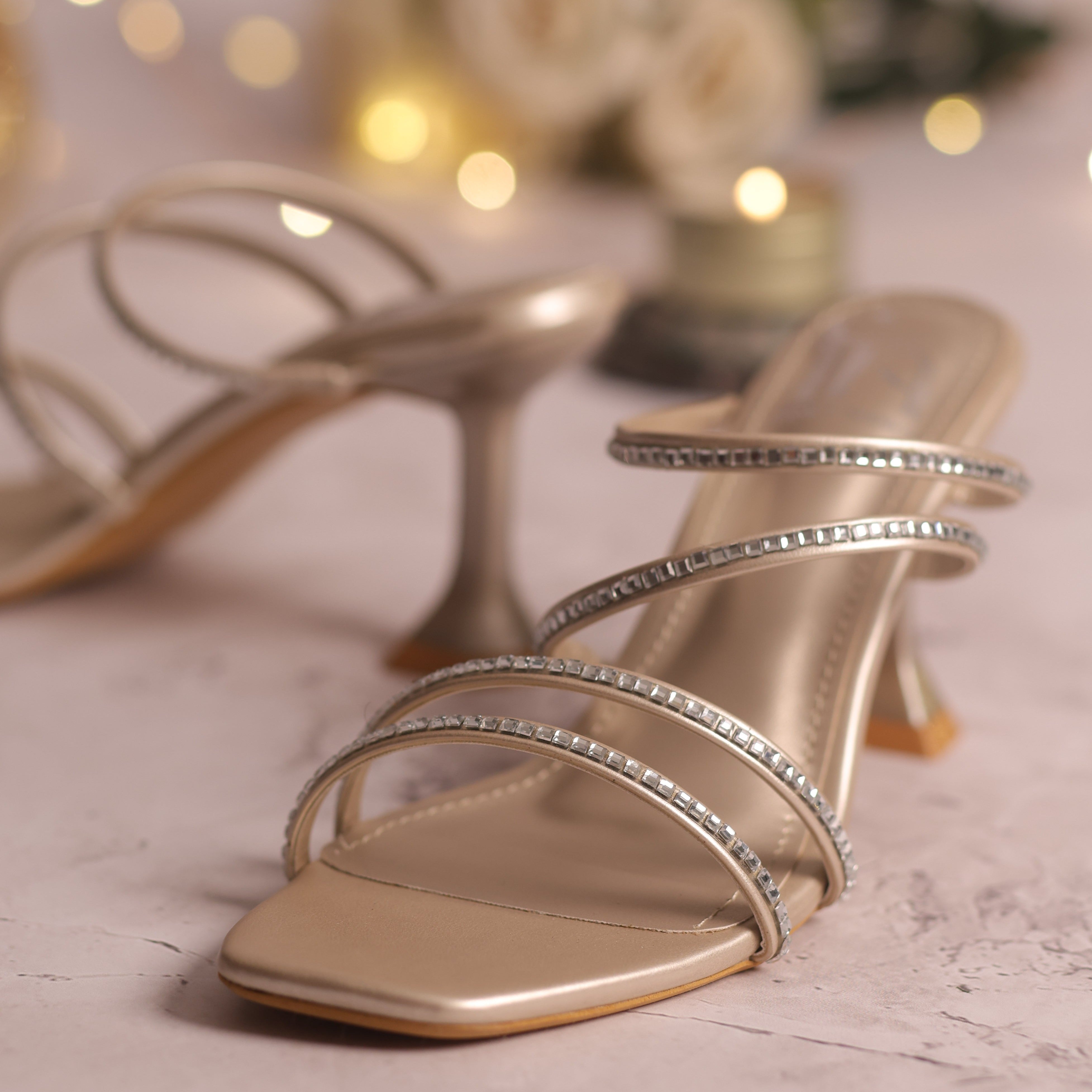 Embellished Strappy Heels - Gold