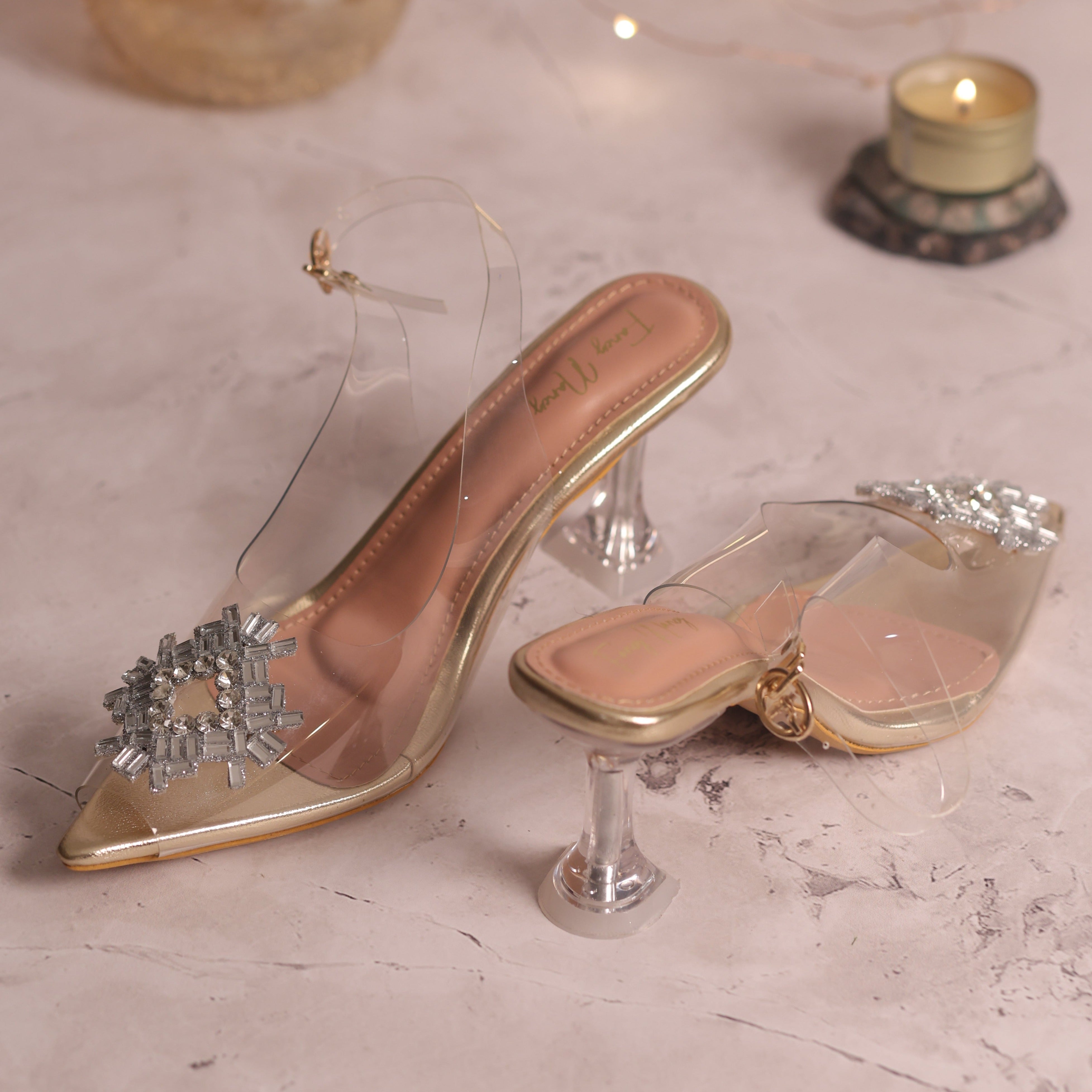 Rhinestone Diamond Broach Heels - Gold