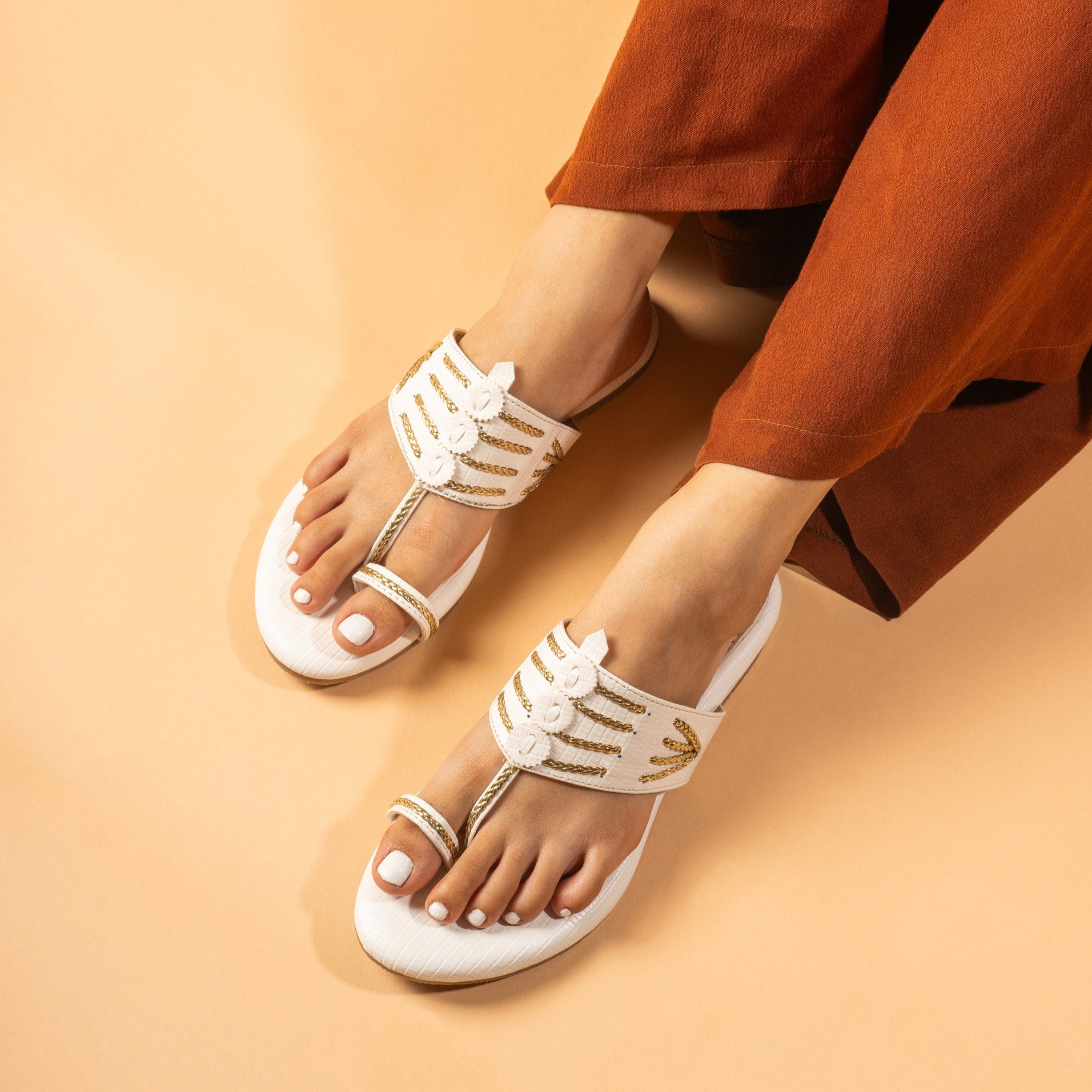 Braided Kolhapuri Flats - White