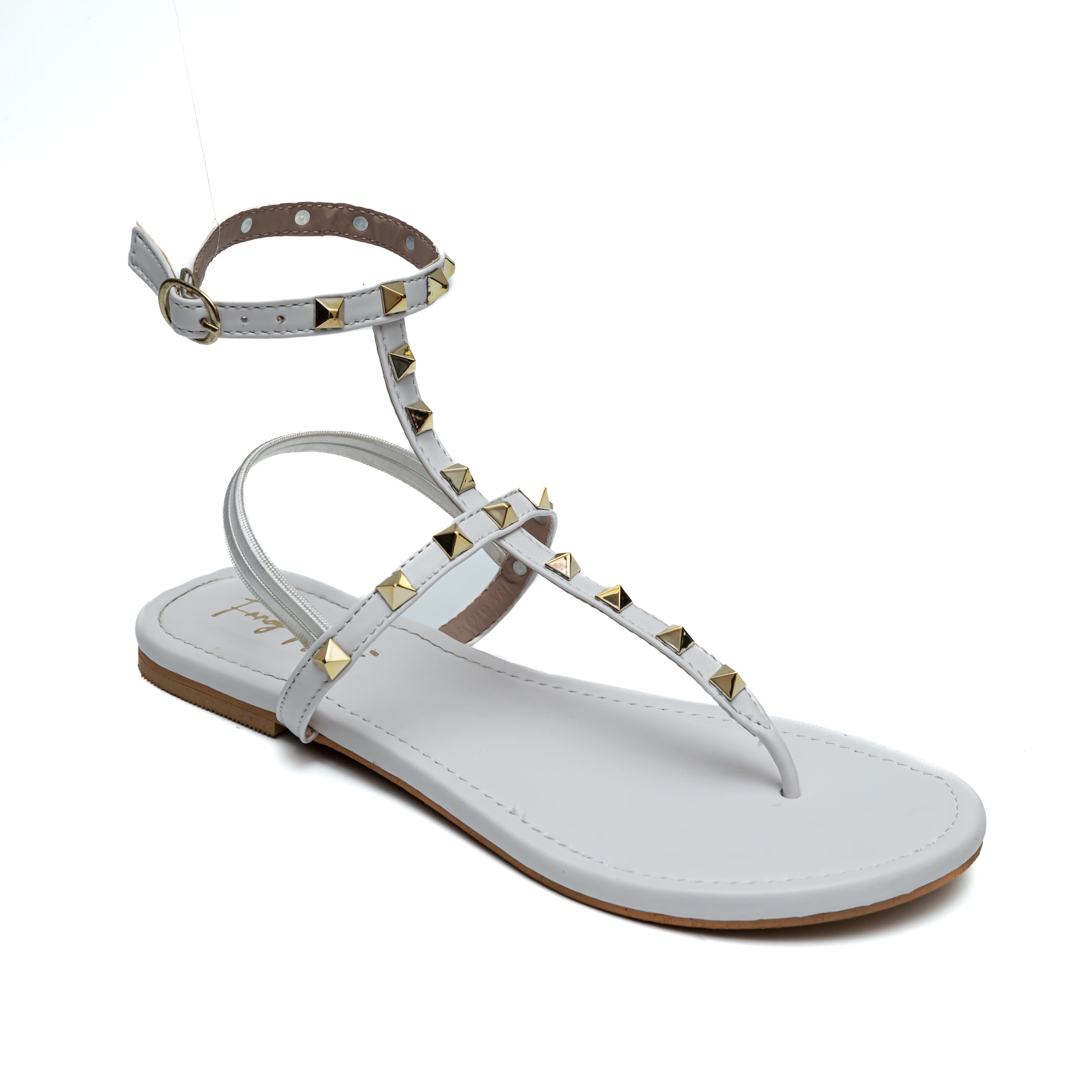 T Strap Studded Sandals - White