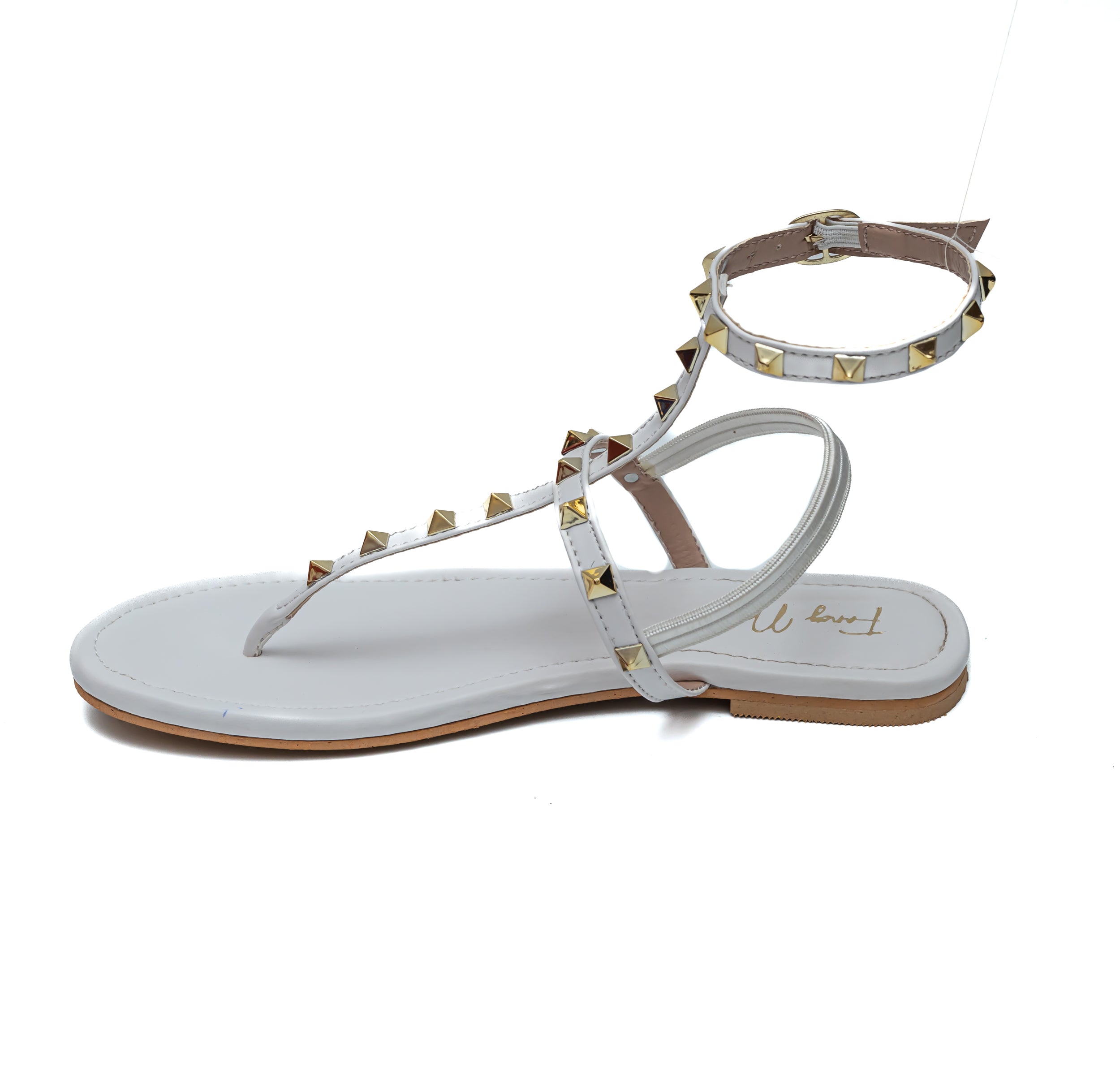 T Strap Studded Sandals - White