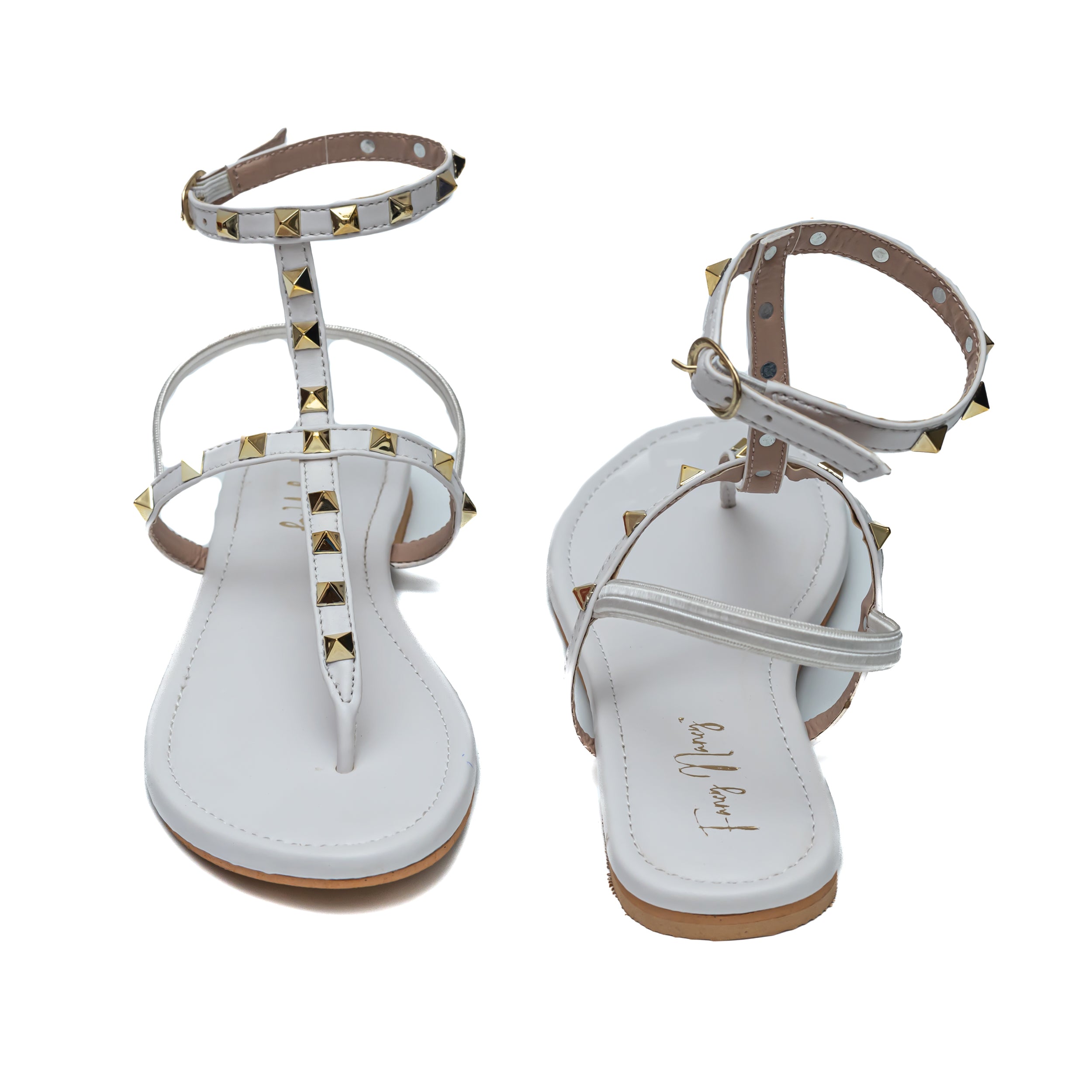T Strap Studded Sandals - White