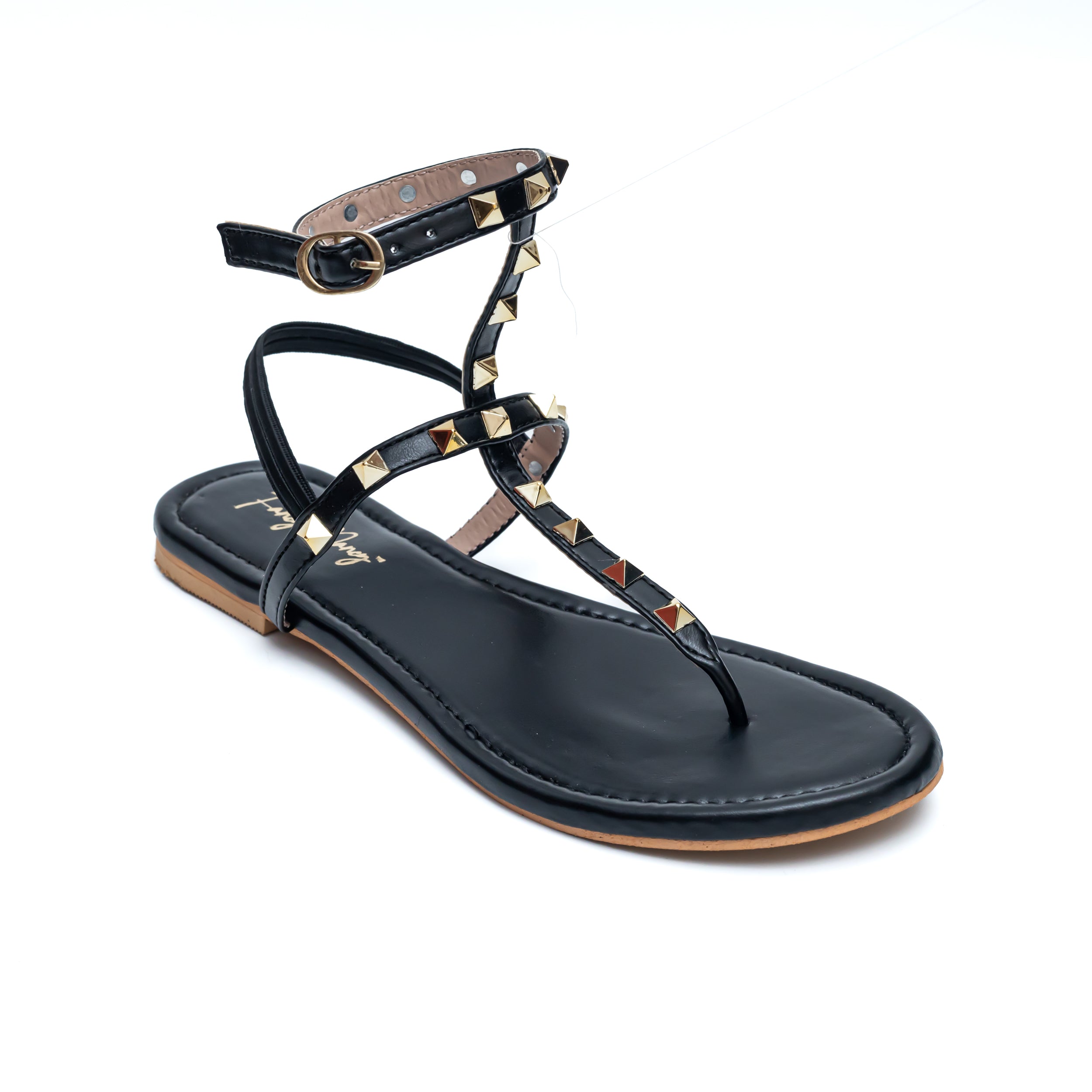 T Strap Studded Sandals - Black
