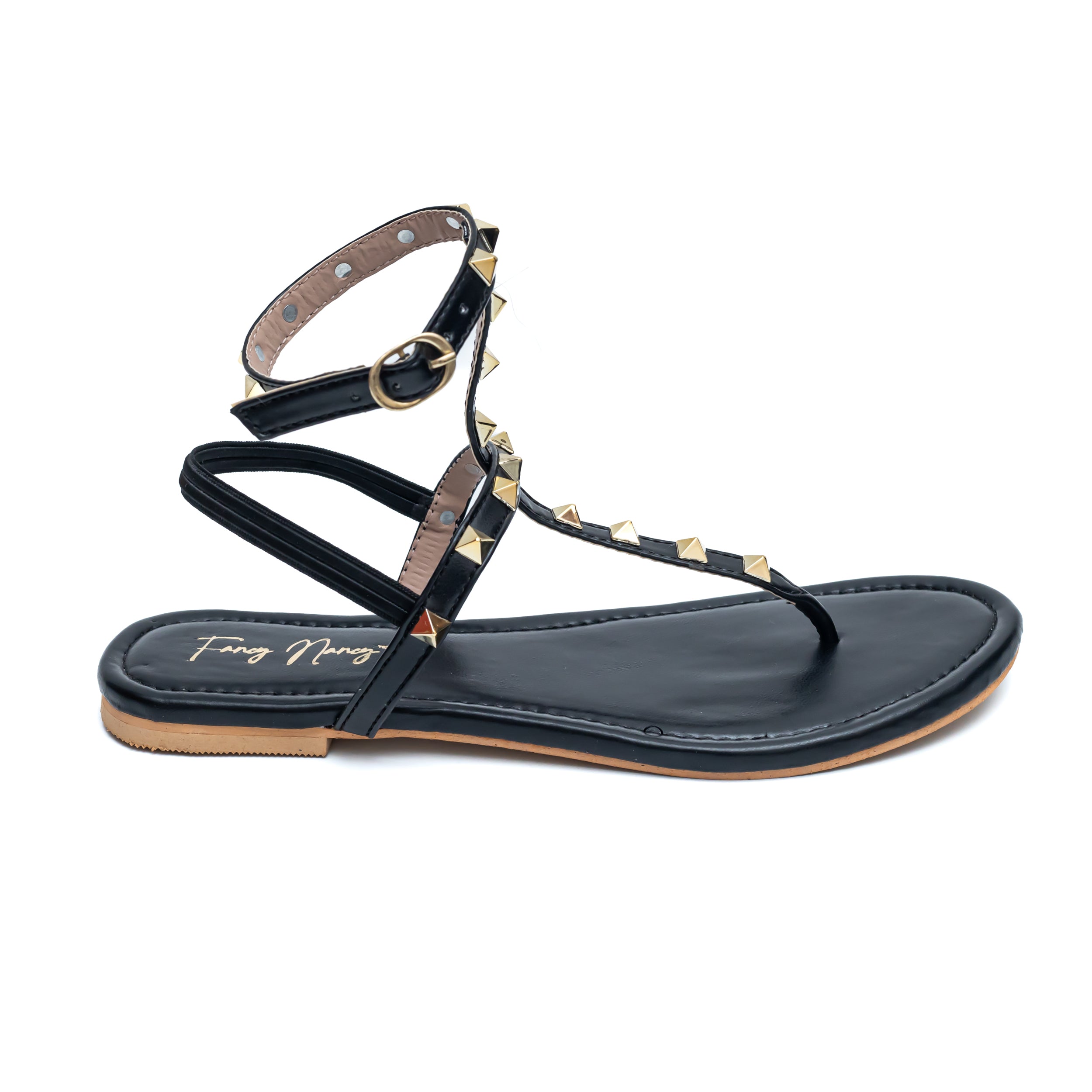 T Strap Studded Sandals - Black