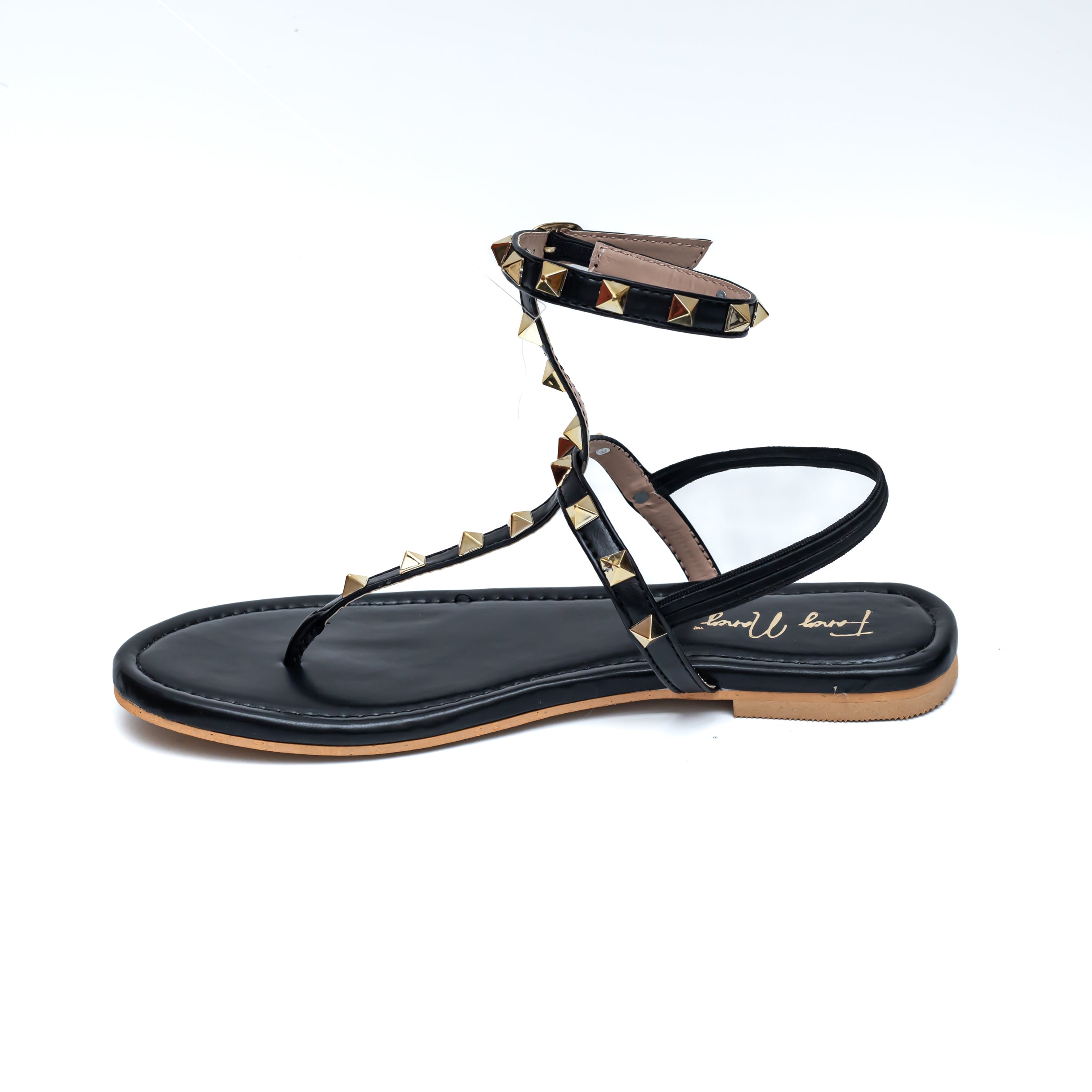 T Strap Studded Sandals - Black