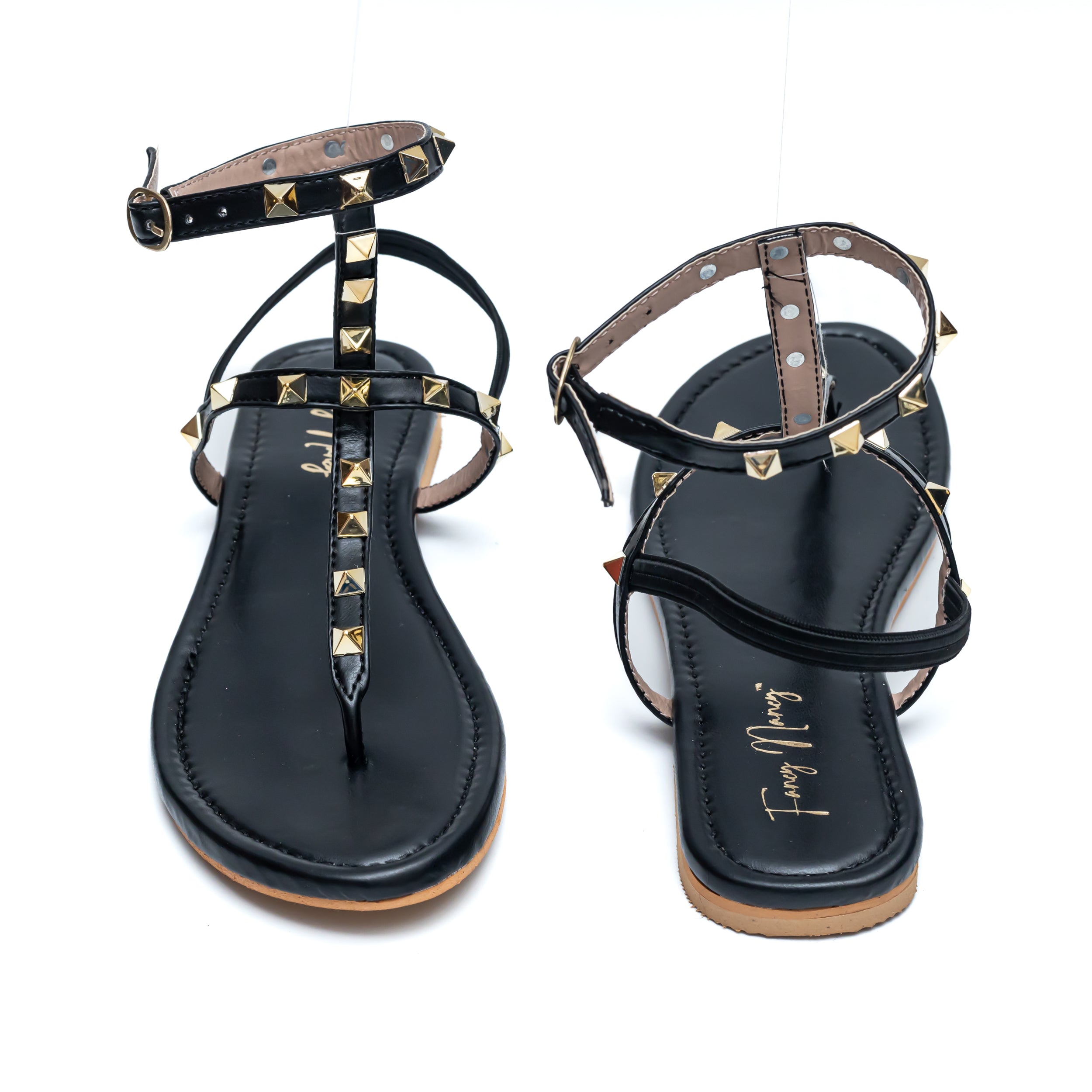T Strap Studded Sandals - Black