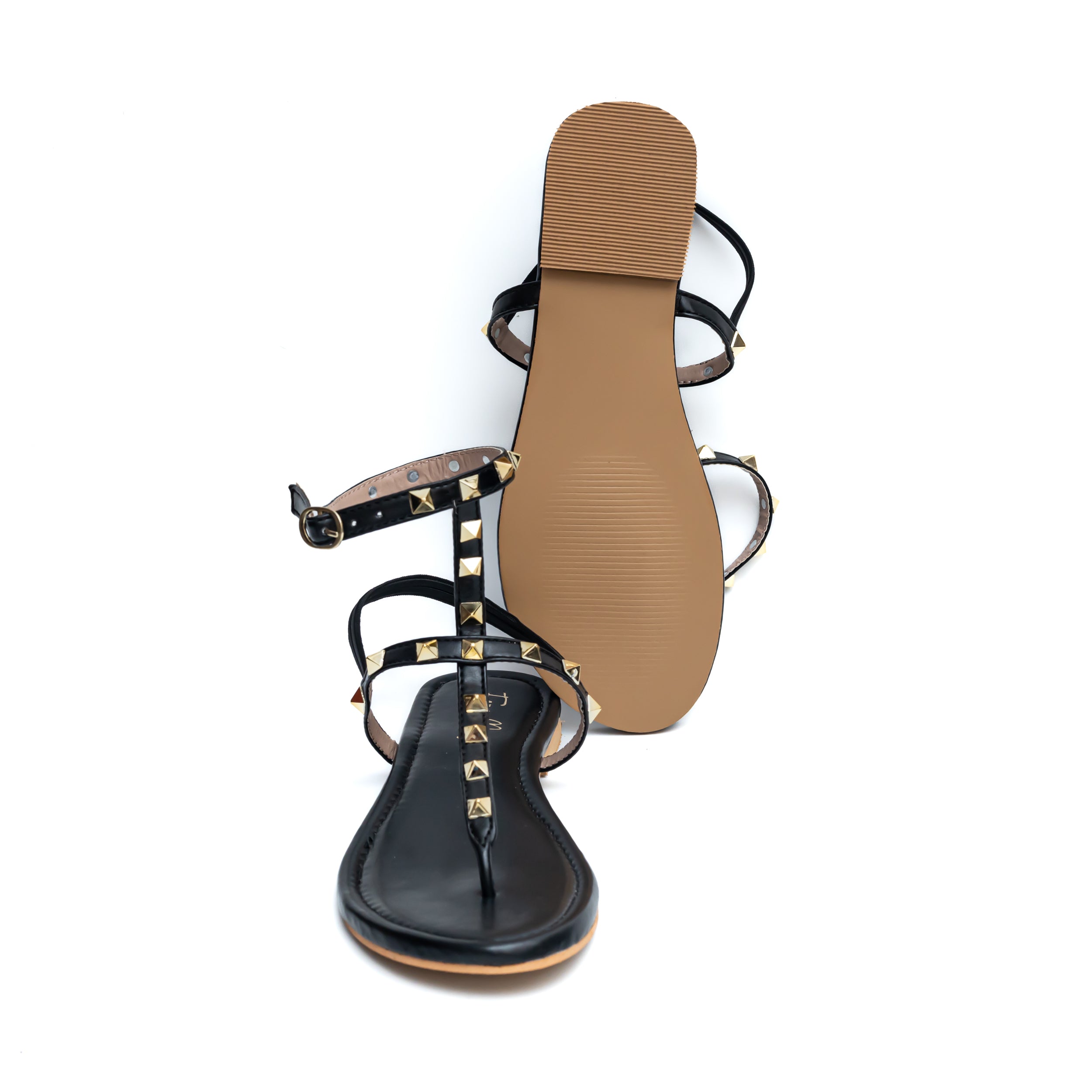 T Strap Studded Sandals - Black