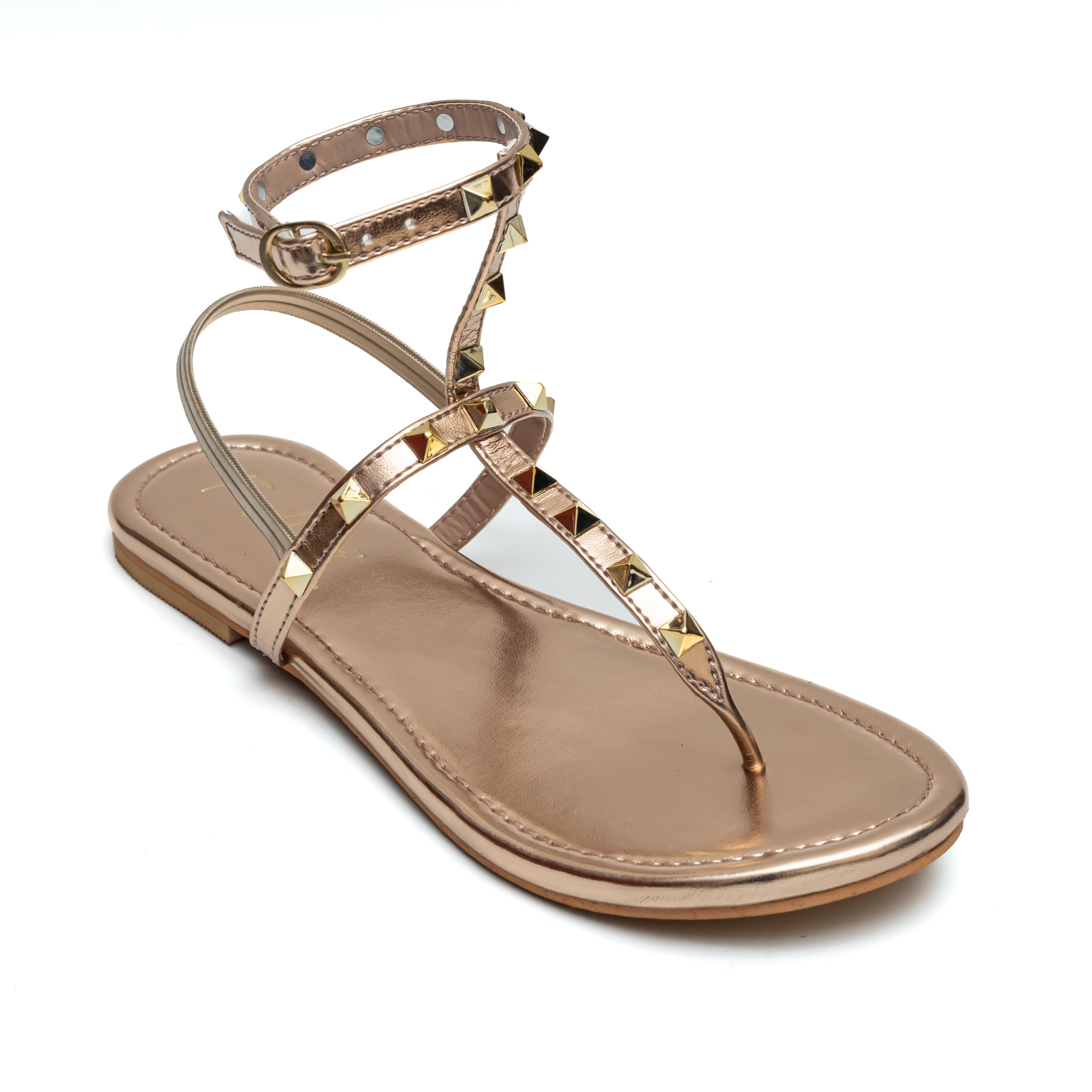 T Strap Studded Sandals - Rose Gold