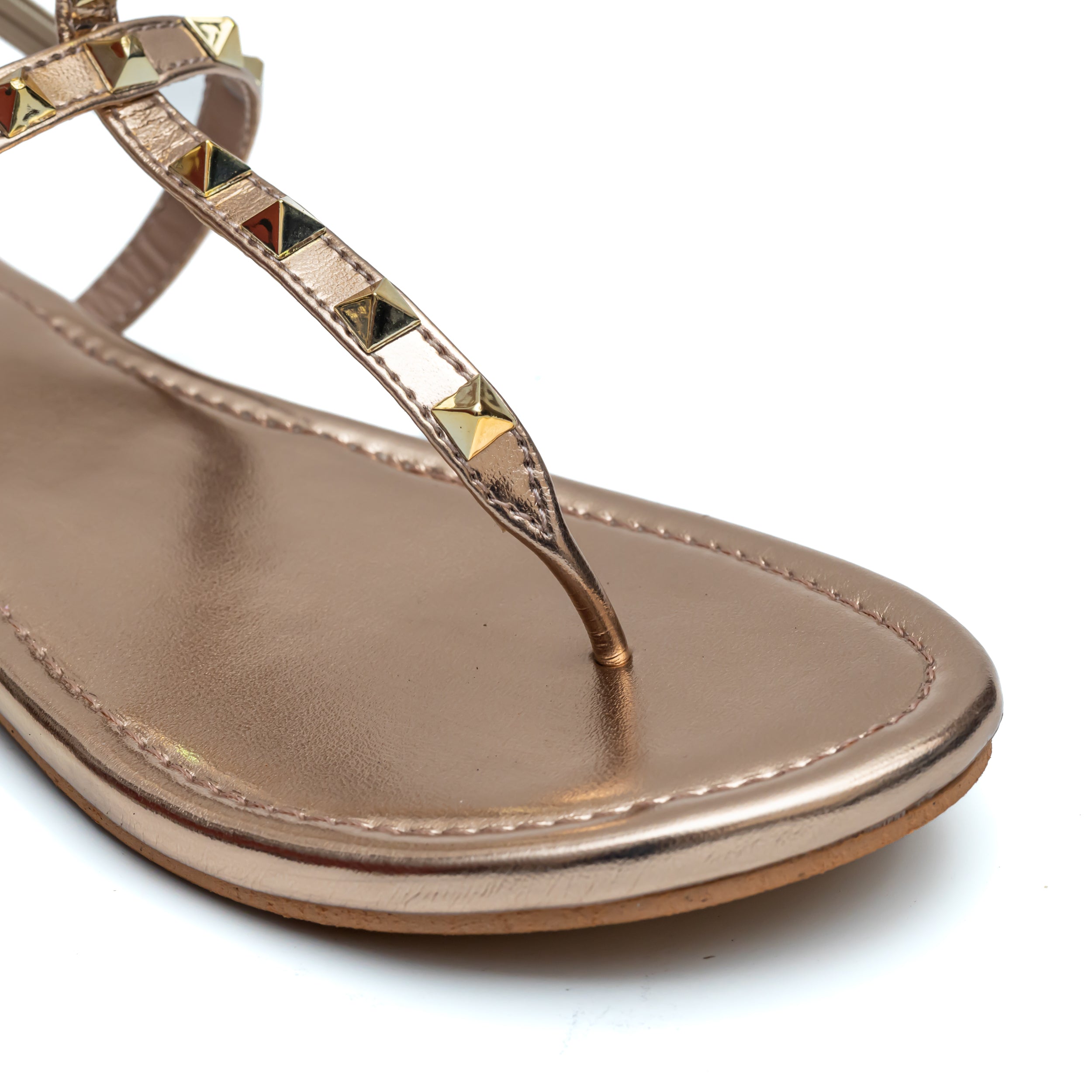 T Strap Studded Sandals - Rose Gold