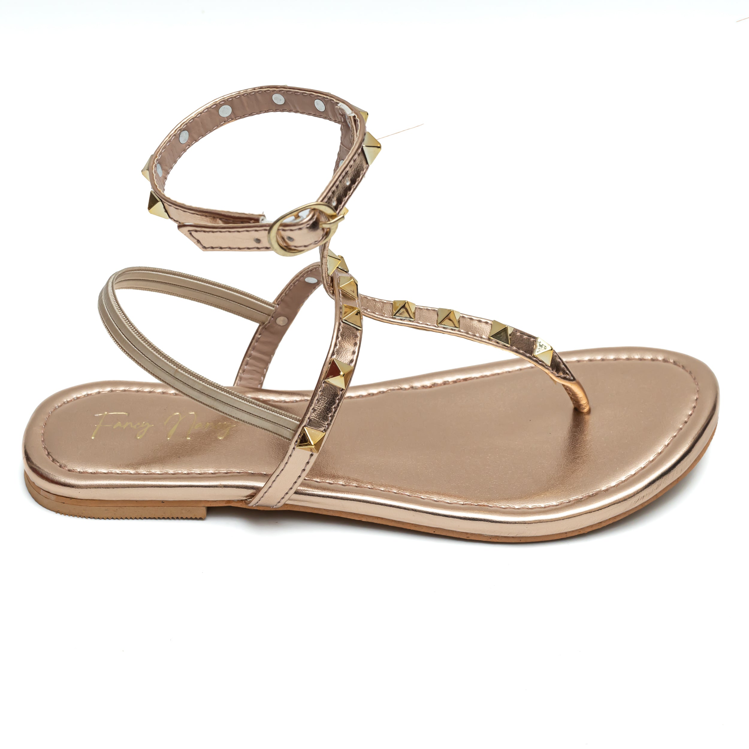 T Strap Studded Sandals - Rose Gold