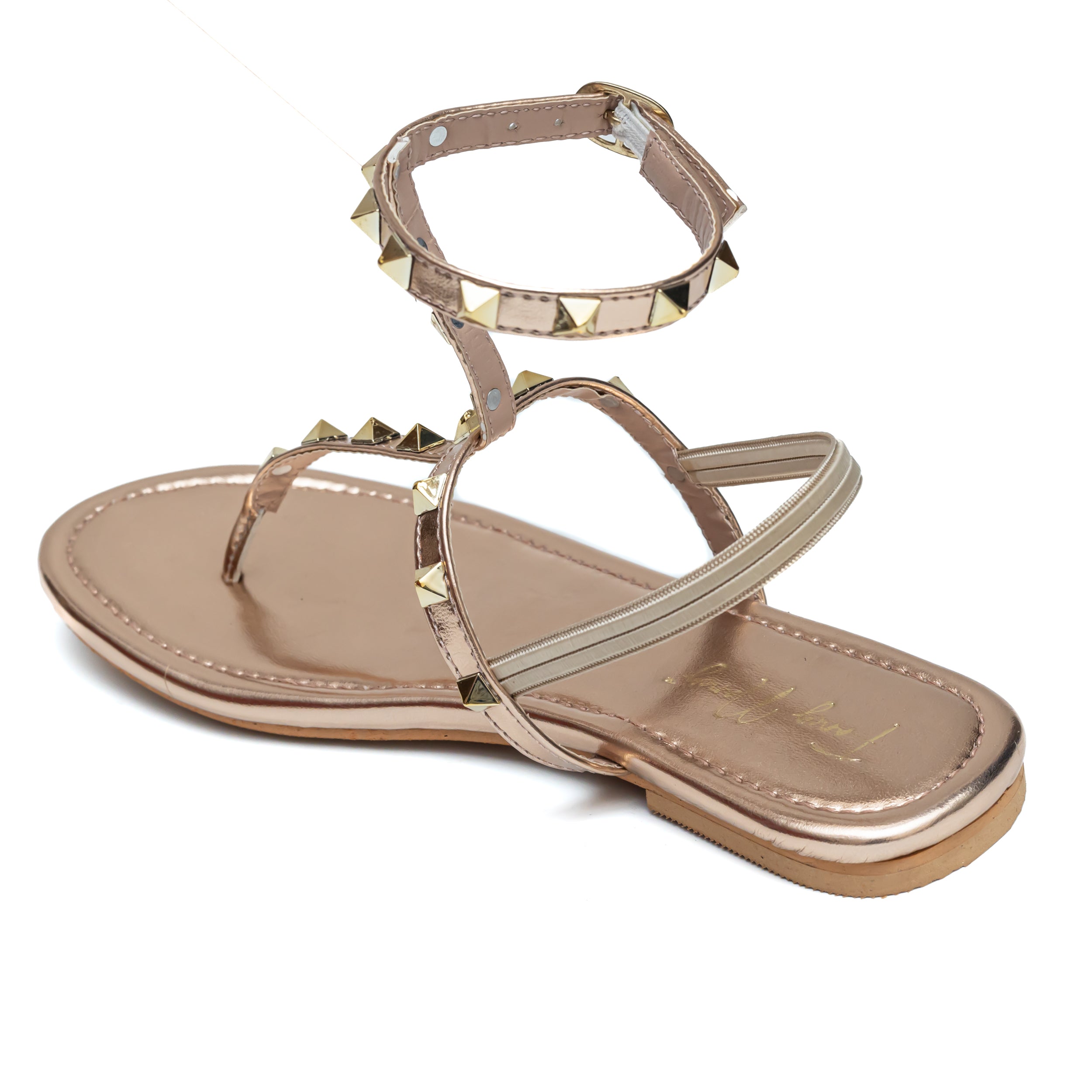 T Strap Studded Sandals - Rose Gold