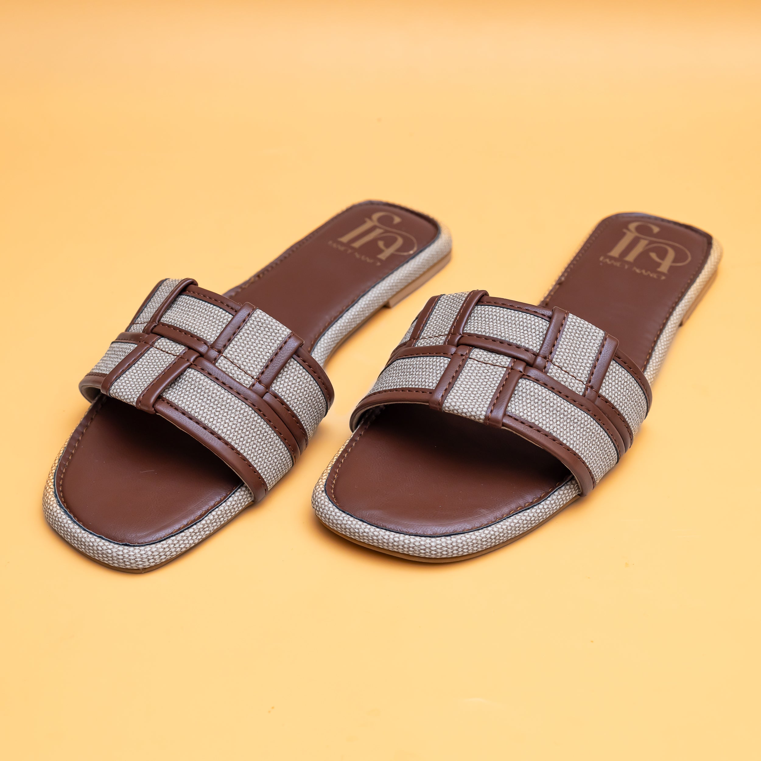 Woven Open Toe Flats - Tan/Cream