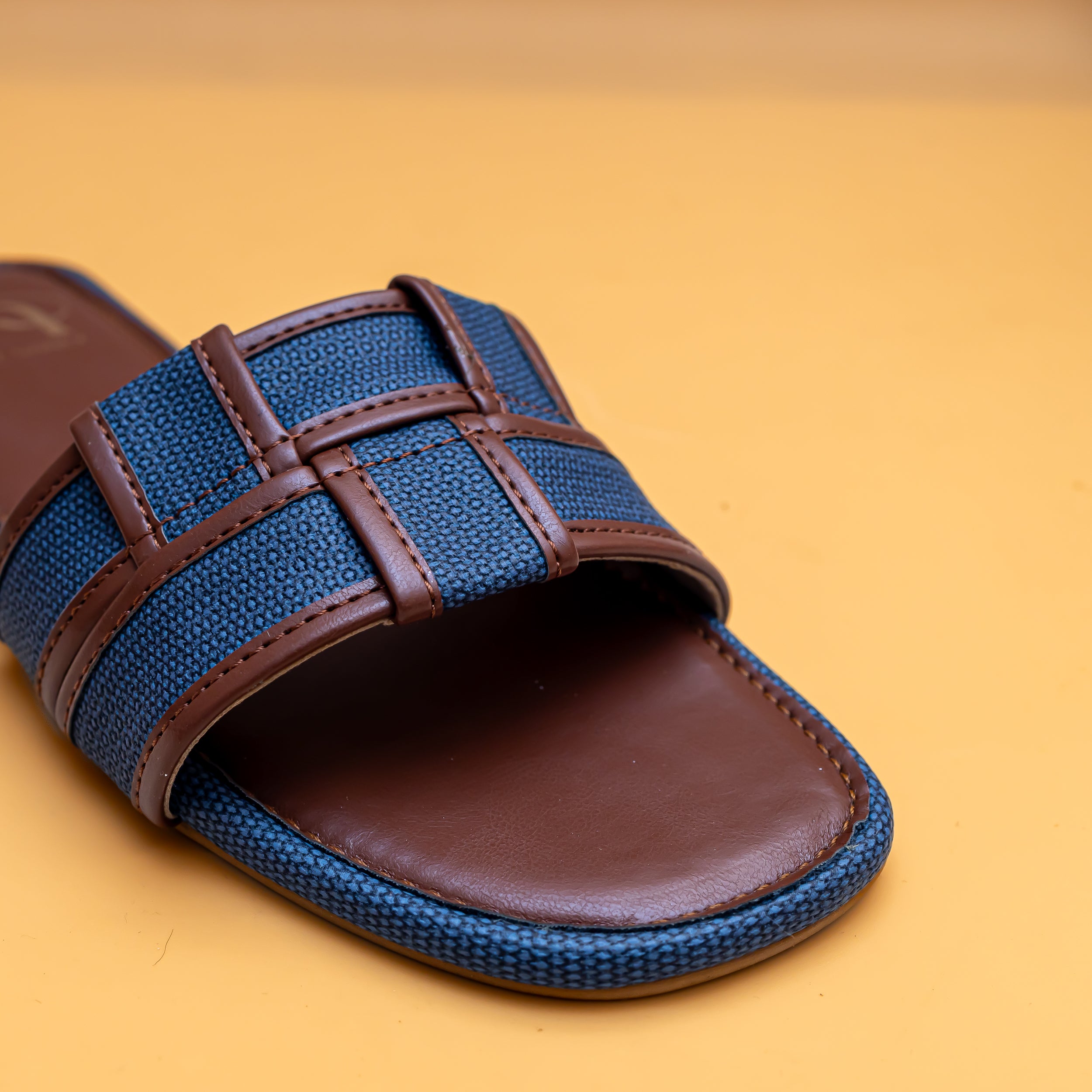 Woven Open Toe Flats - Tan/Blue