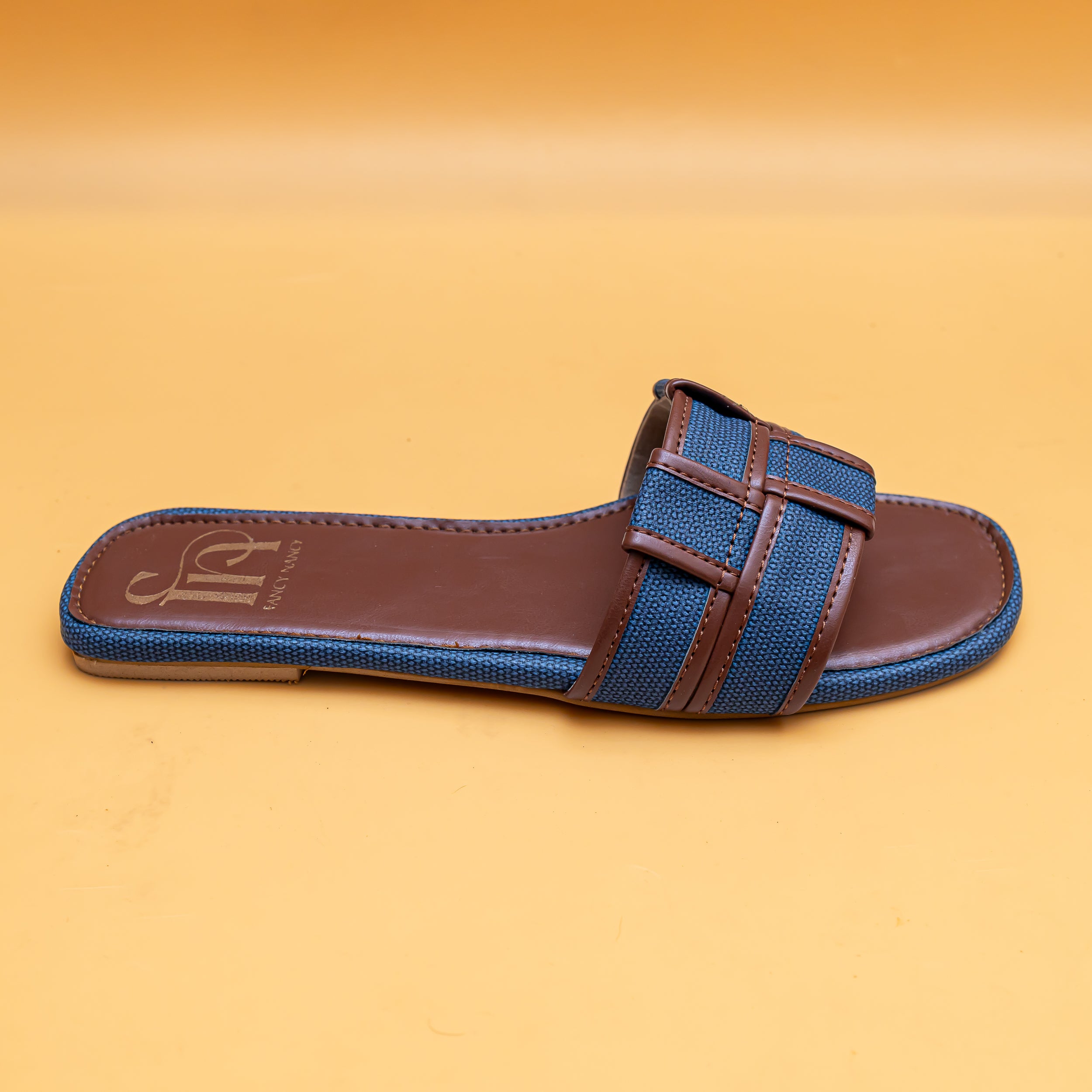 Woven Open Toe Flats - Tan/Blue