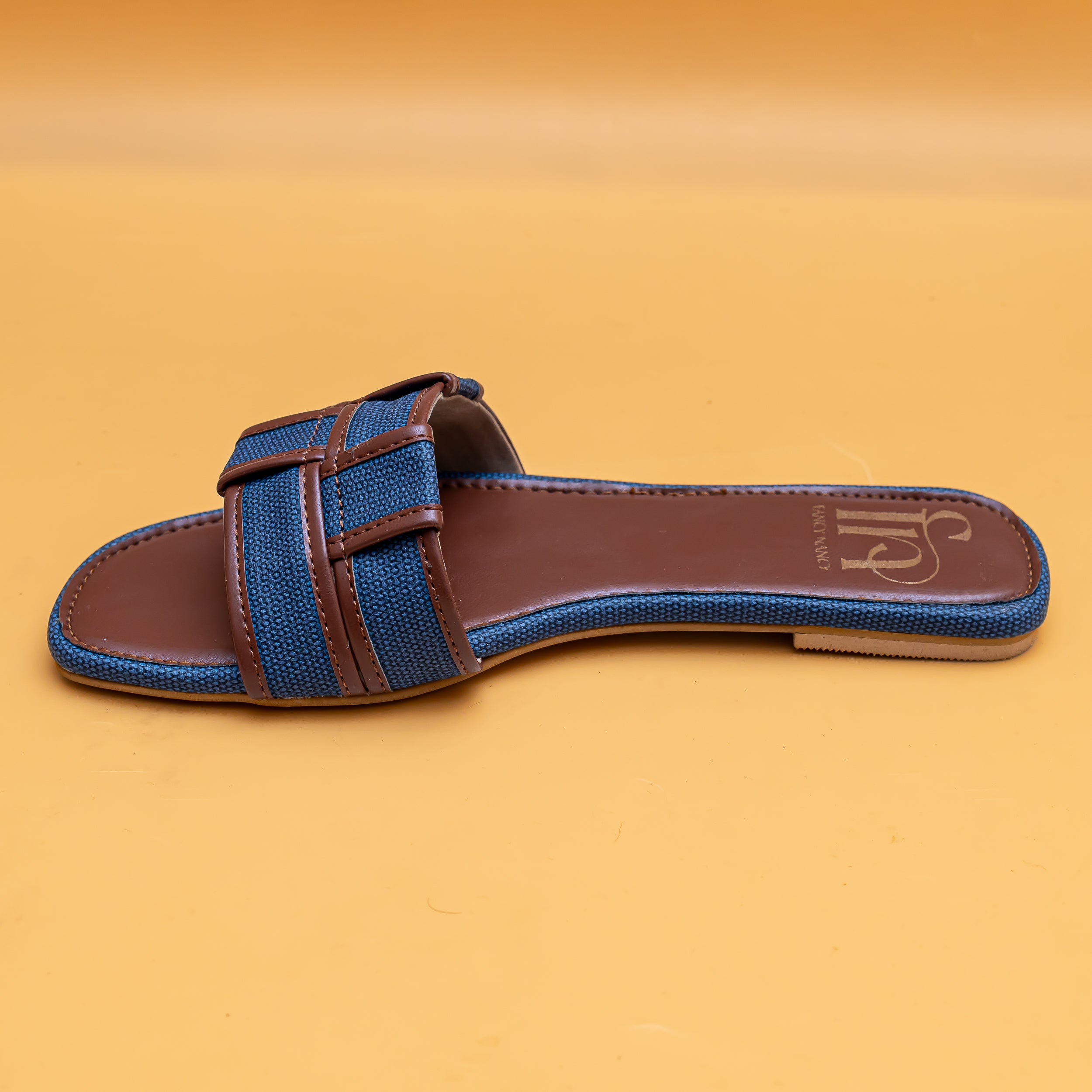 Woven Open Toe Flats - Tan/Blue