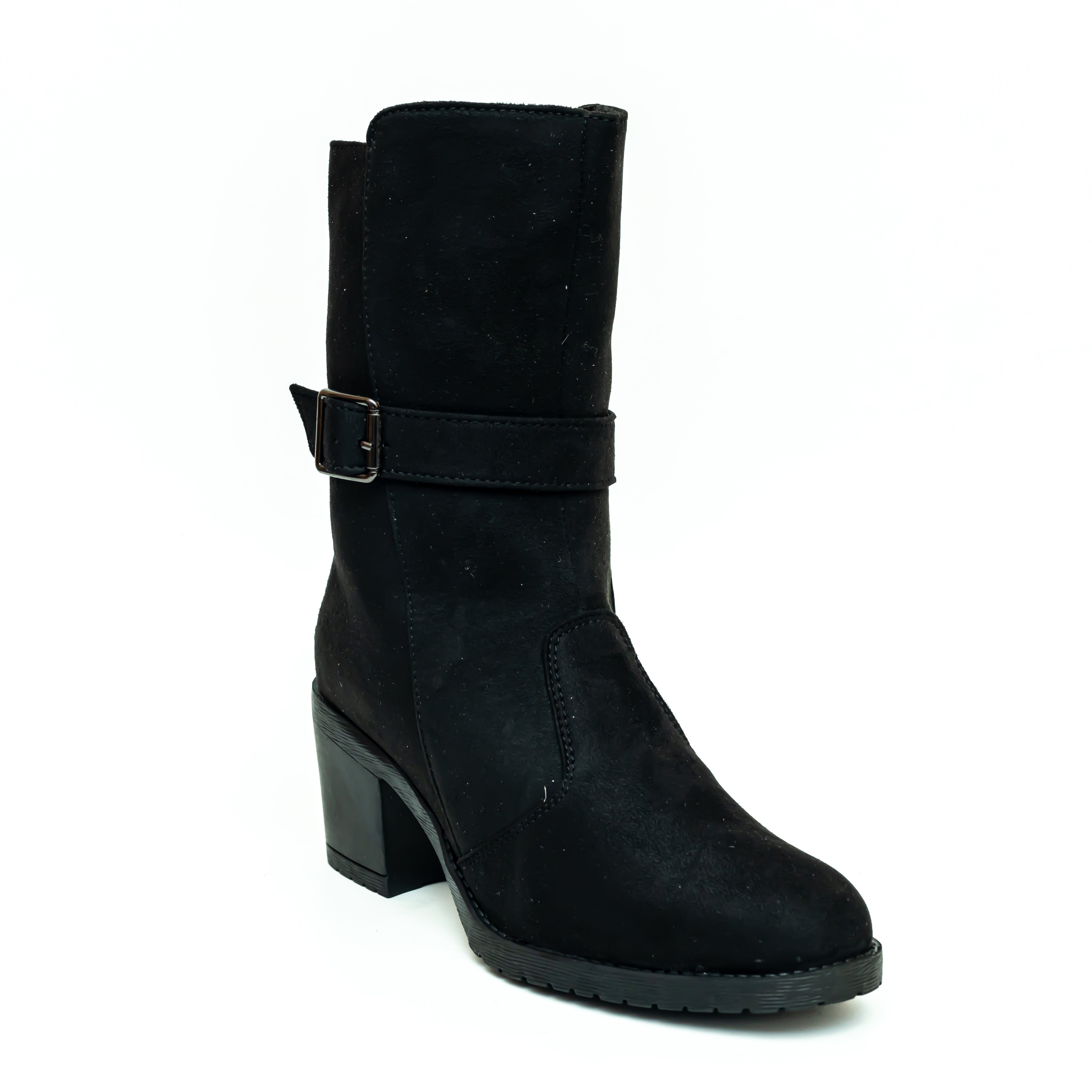 Block Heel Calf Length Boots - Black