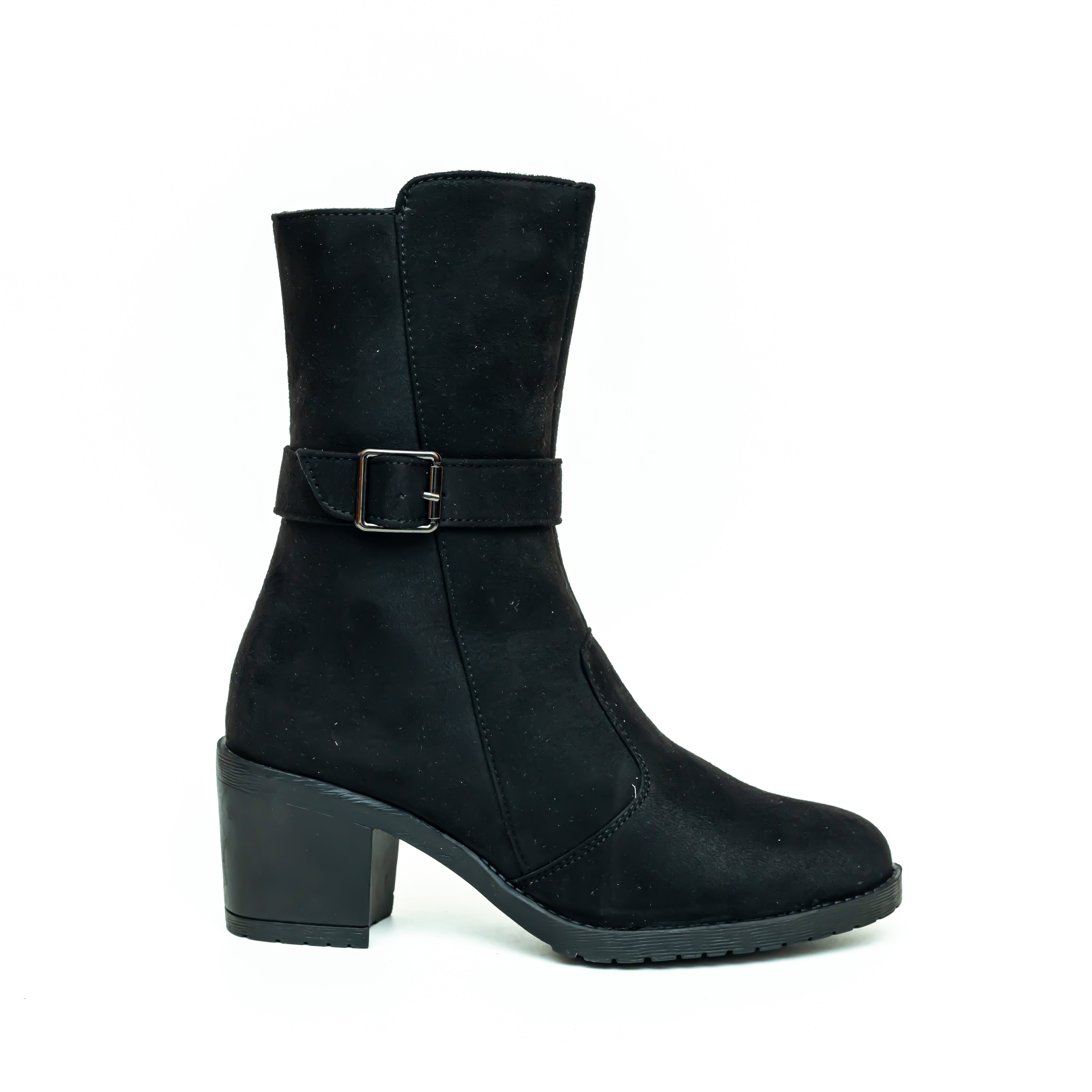 Block Heel Calf Length Boots - Black