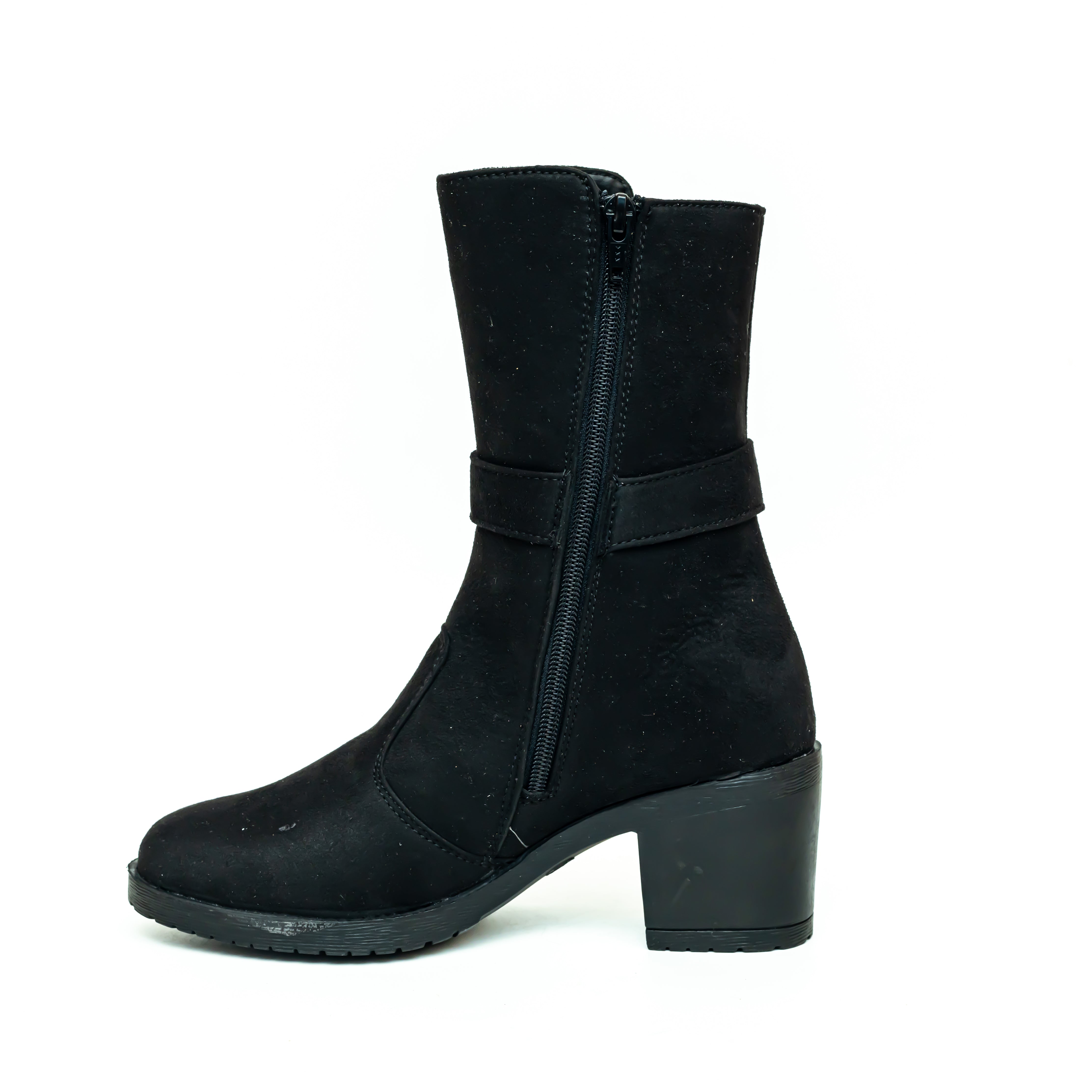 Block Heel Calf Length Boots - Black