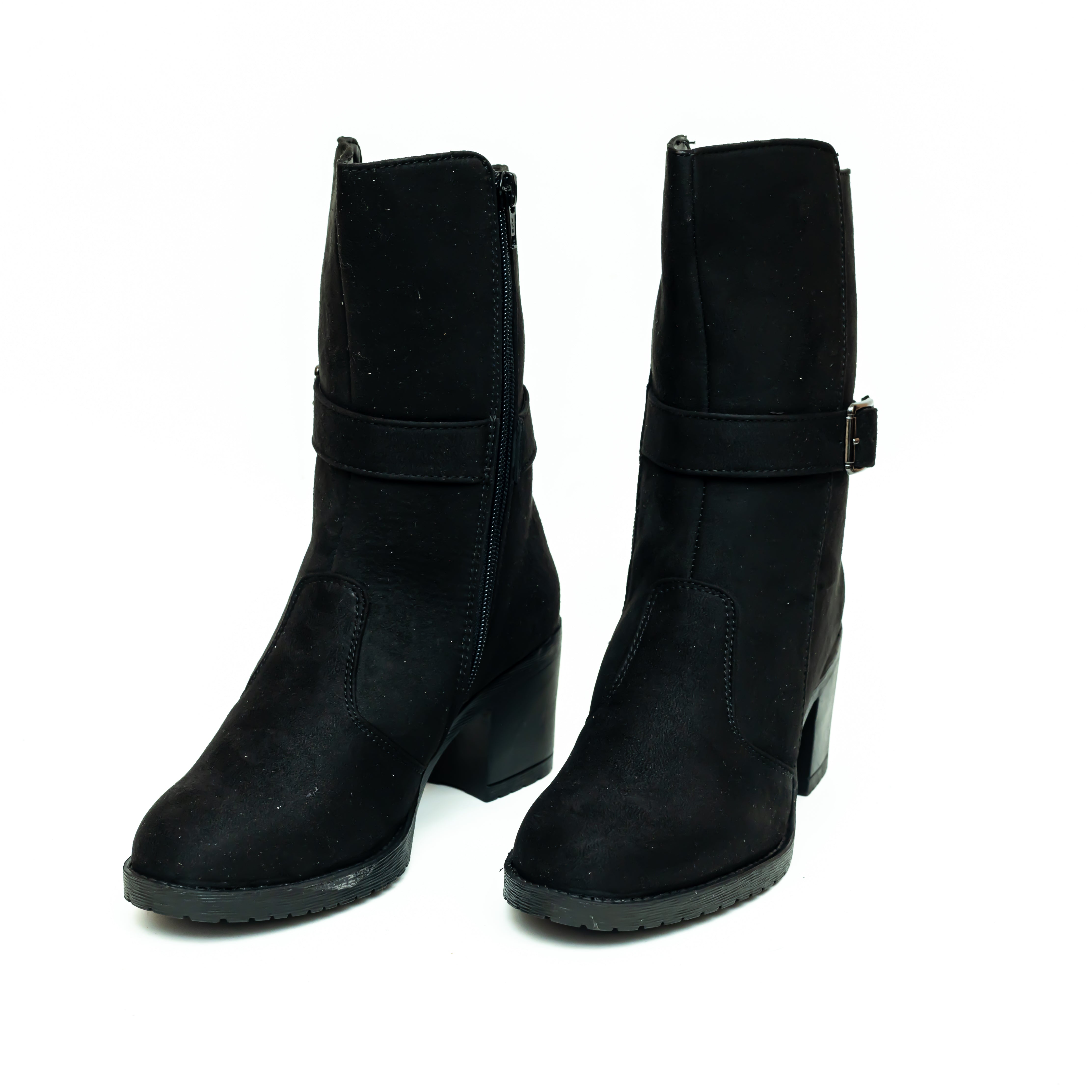 Block Heel Calf Length Boots - Black