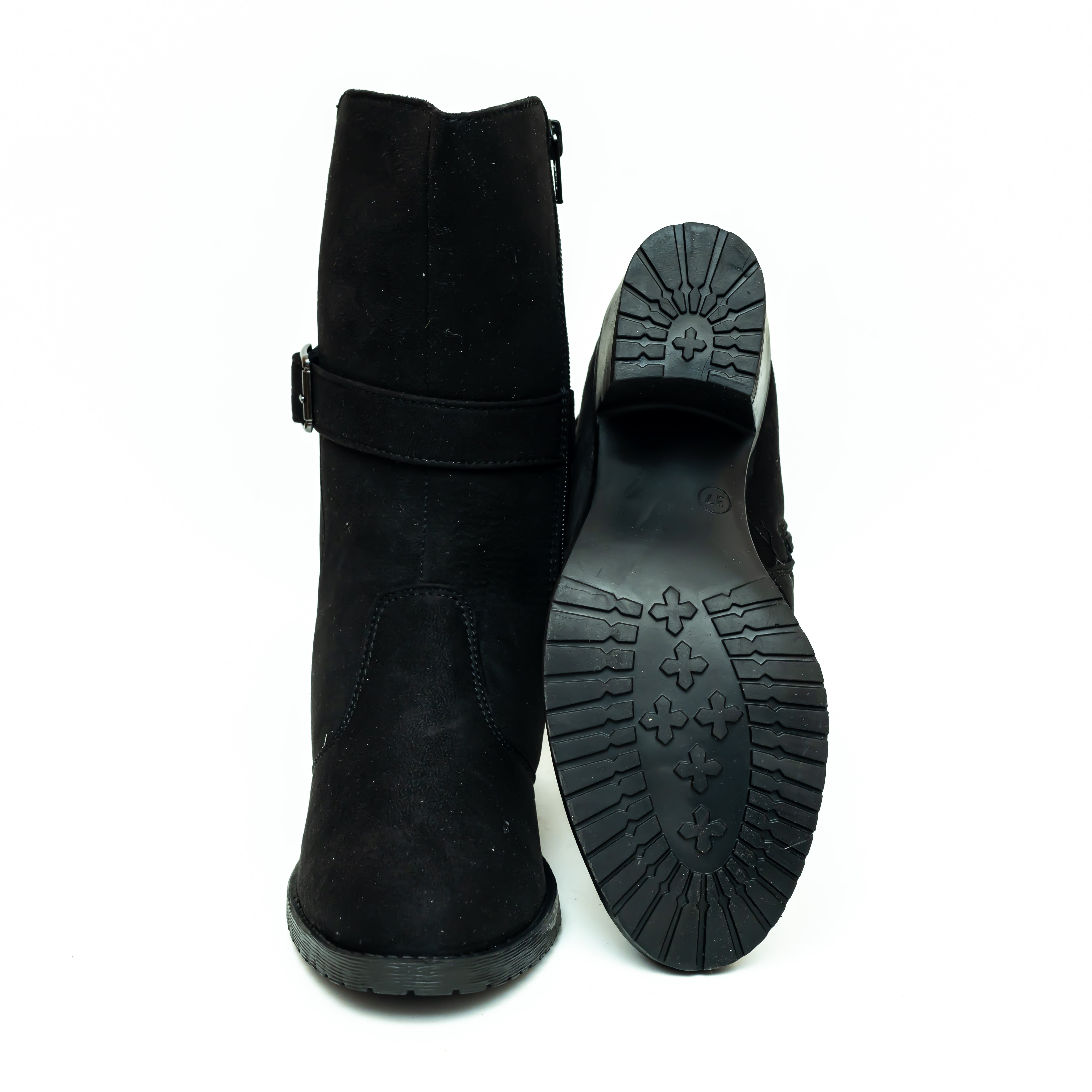 Block Heel Calf Length Boots - Black