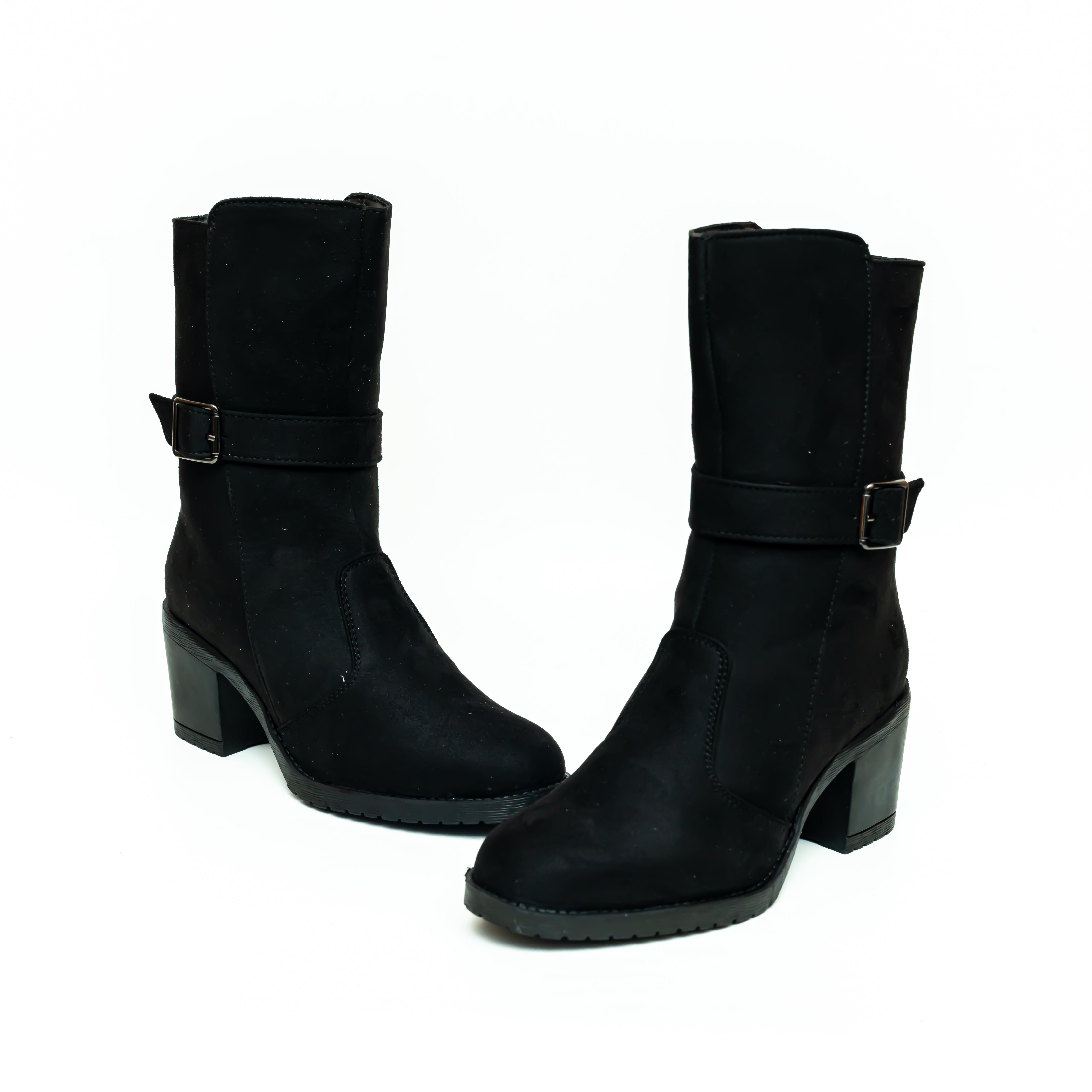 Block Heel Calf Length Boots - Black