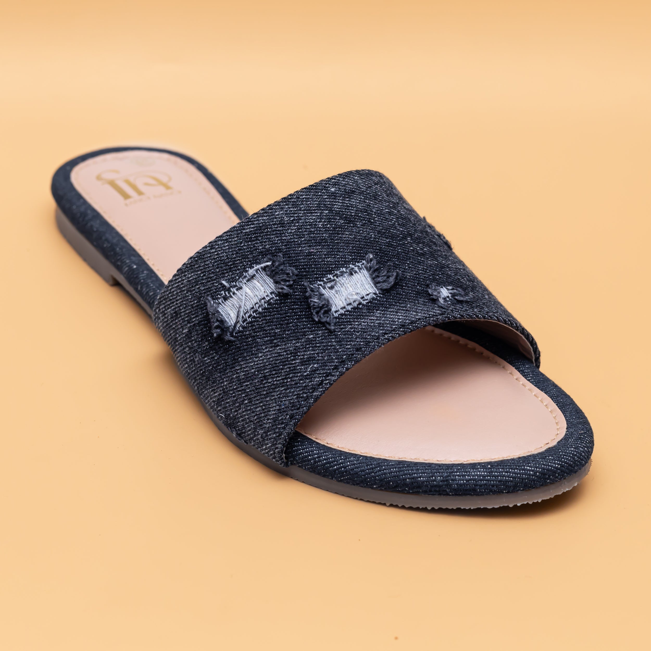 Ripped Denim Sliders - Black