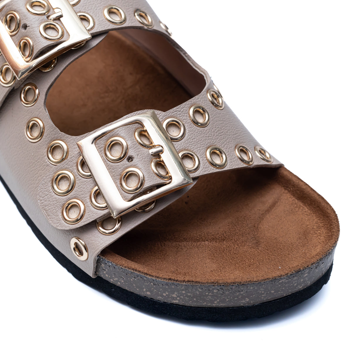 Studded Buckle Strap Sliders Beige