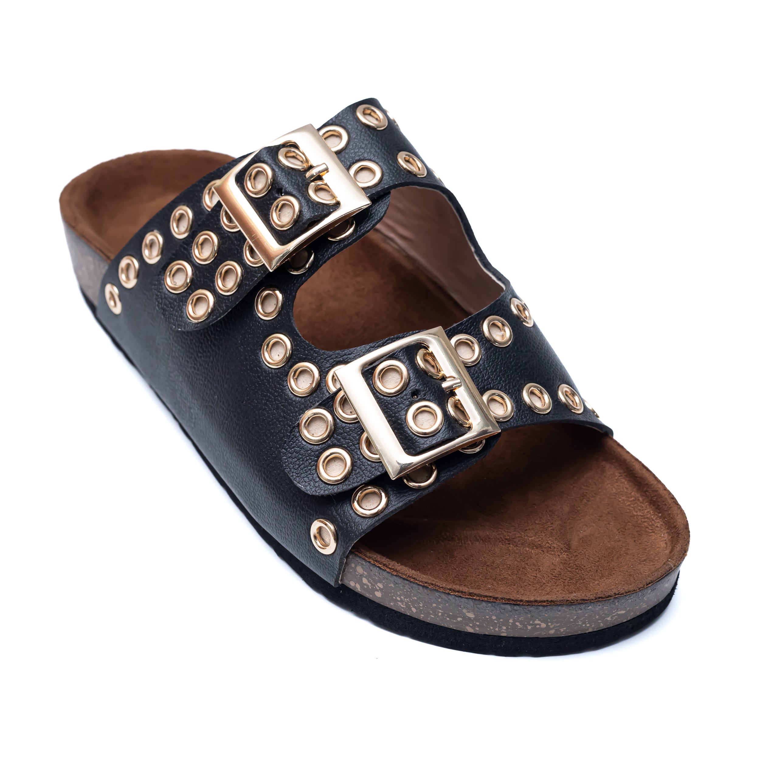 Studded Buckle Strap Sliders - Black