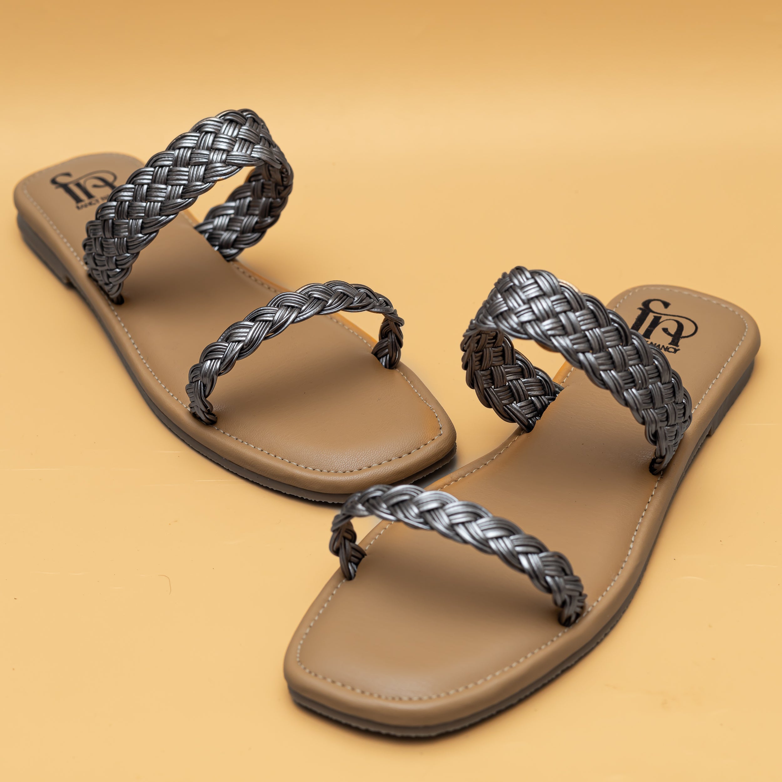 Twin Braided Strap Flats - Grey