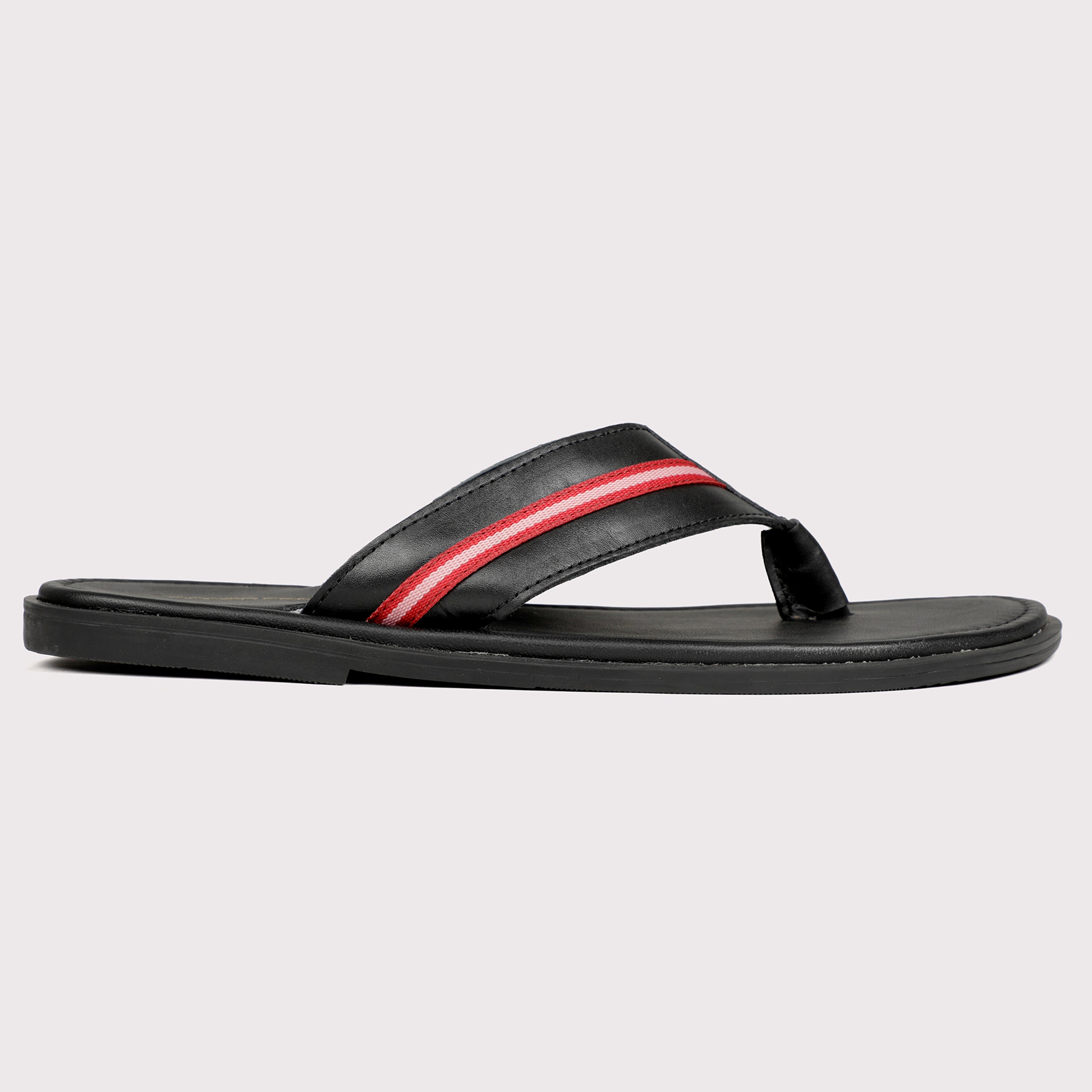 V Strap Leather Slippers - Black