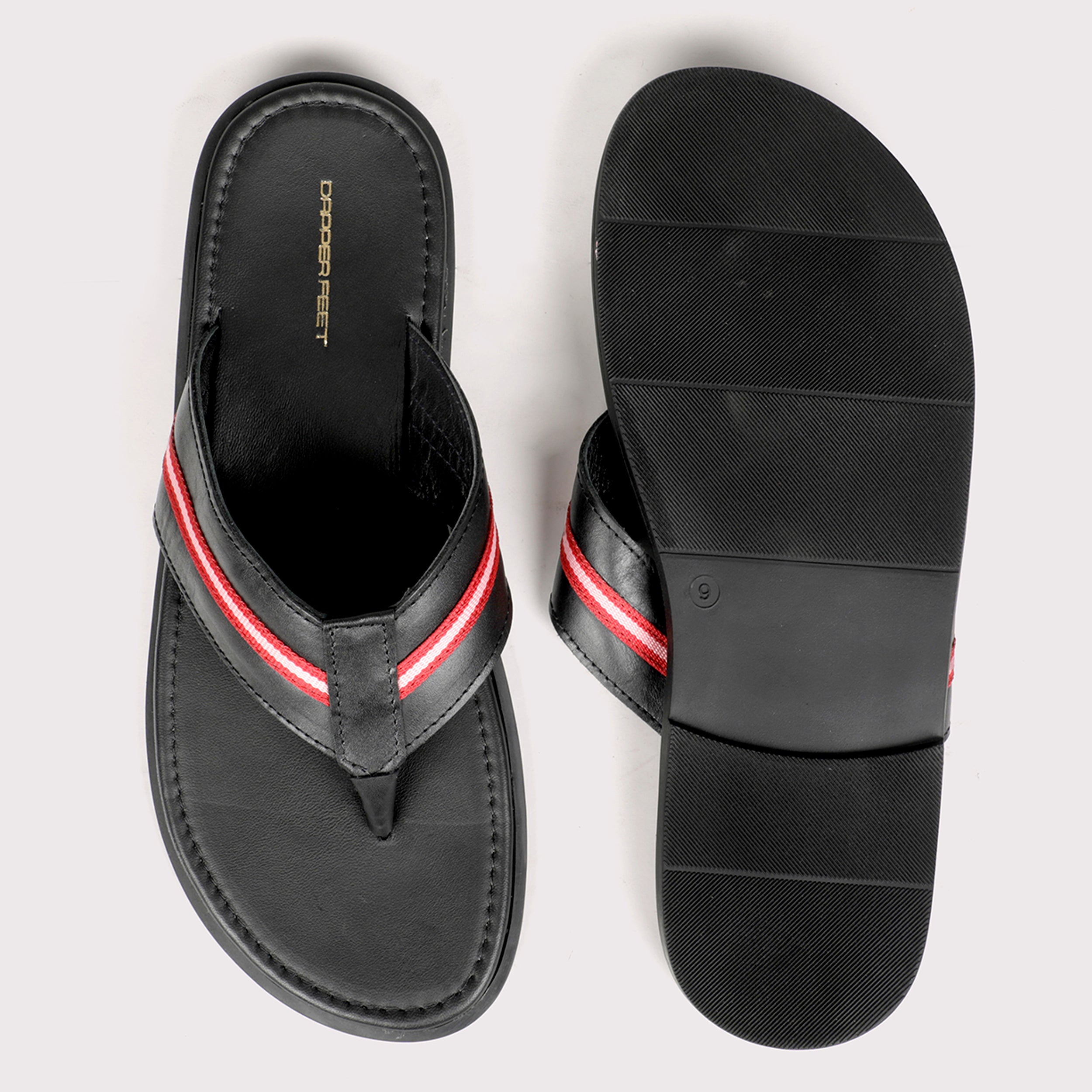V Strap Leather Slippers - Black