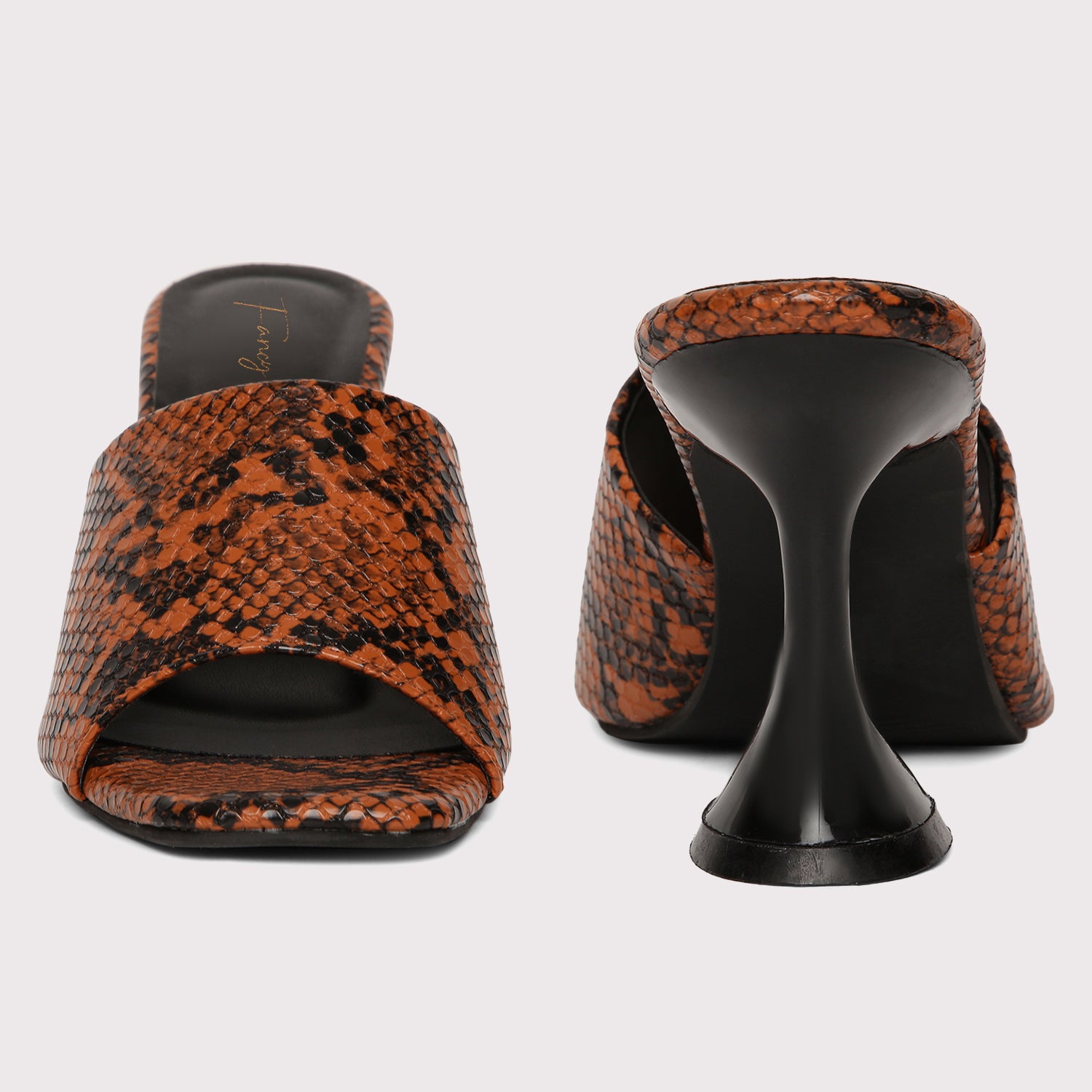 Designer Heel Mules - Brown Snake Print