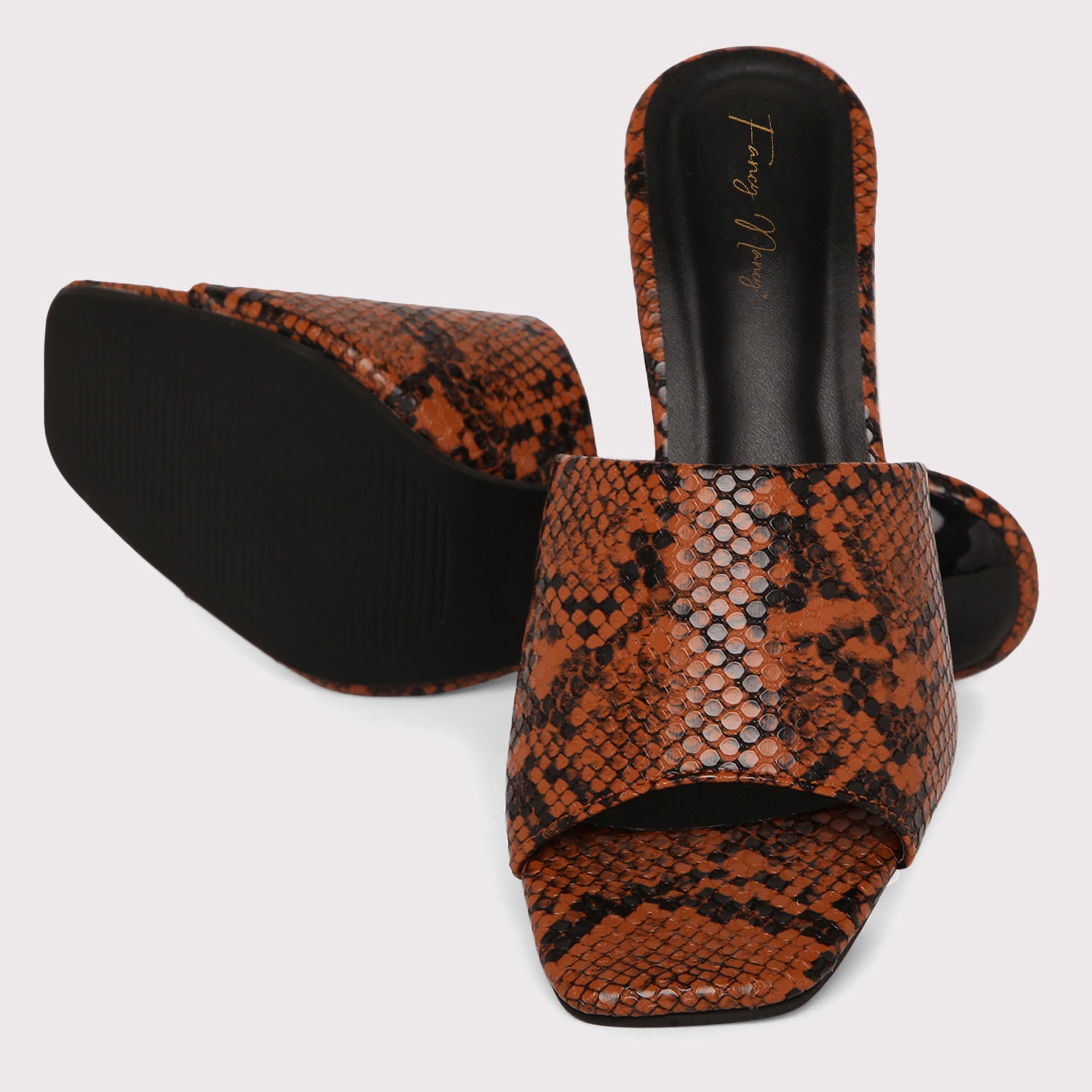 Designer Heel Mules - Brown Snake Print