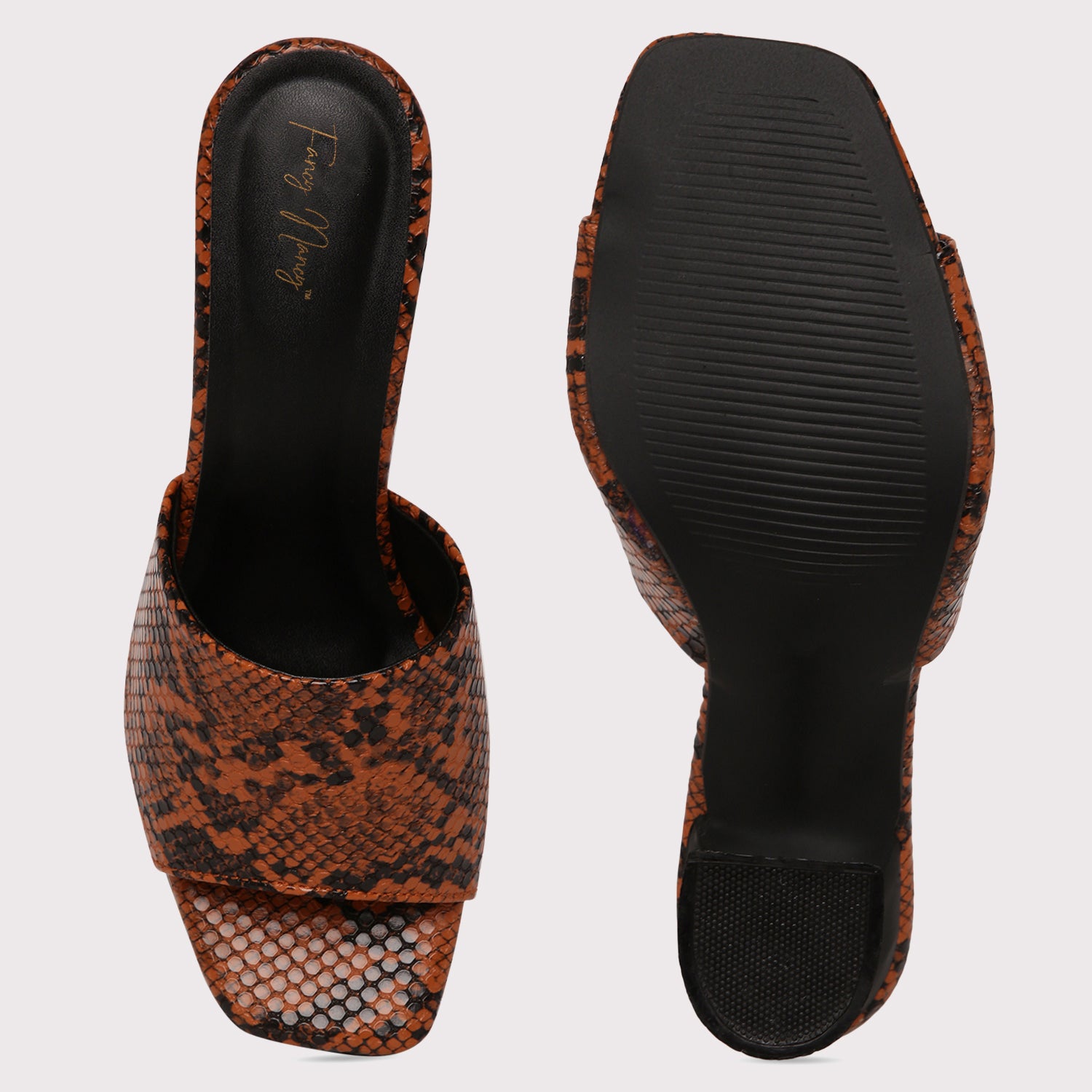 Designer Heel Mules - Brown Snake Print