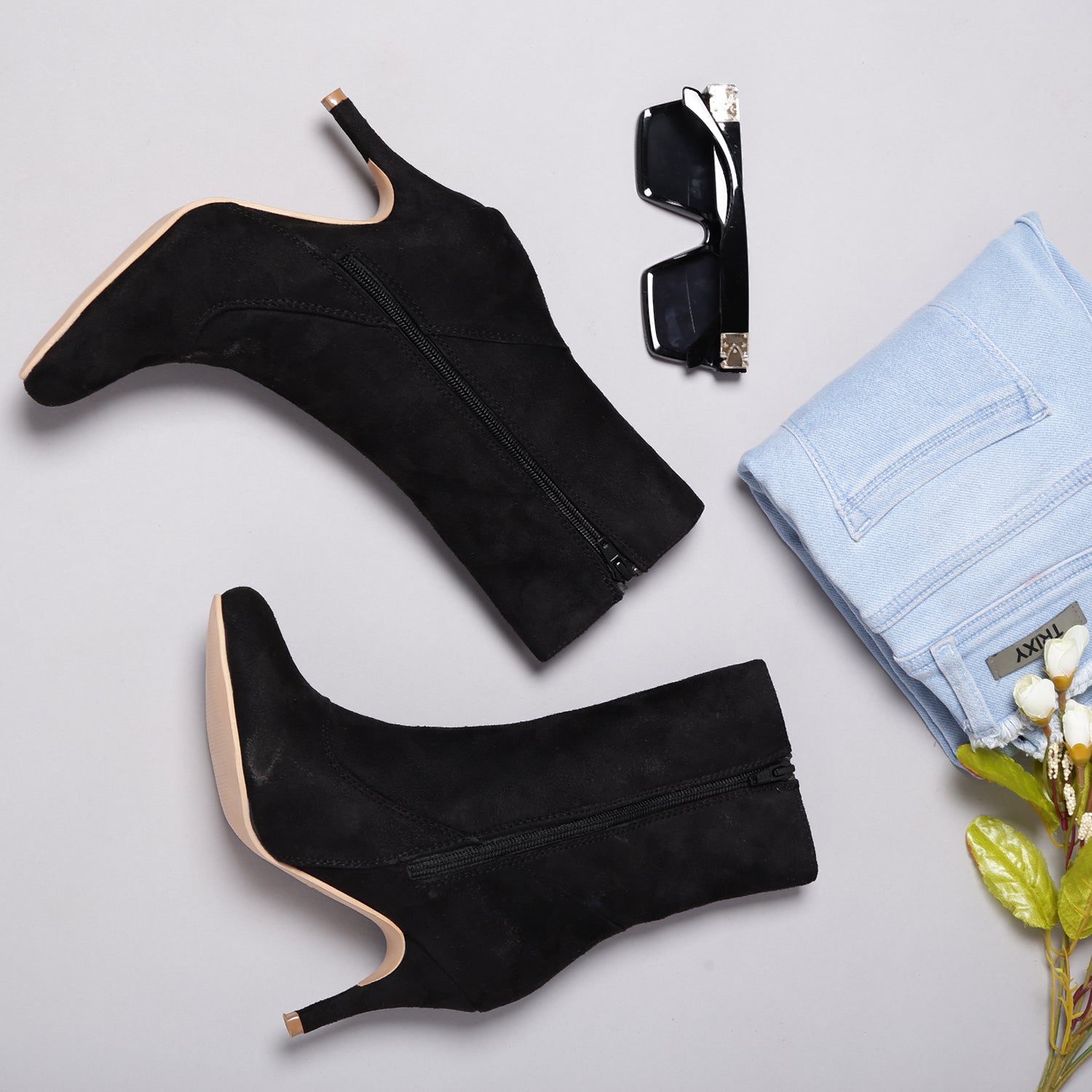 Suede Stiletto Boots - Black
