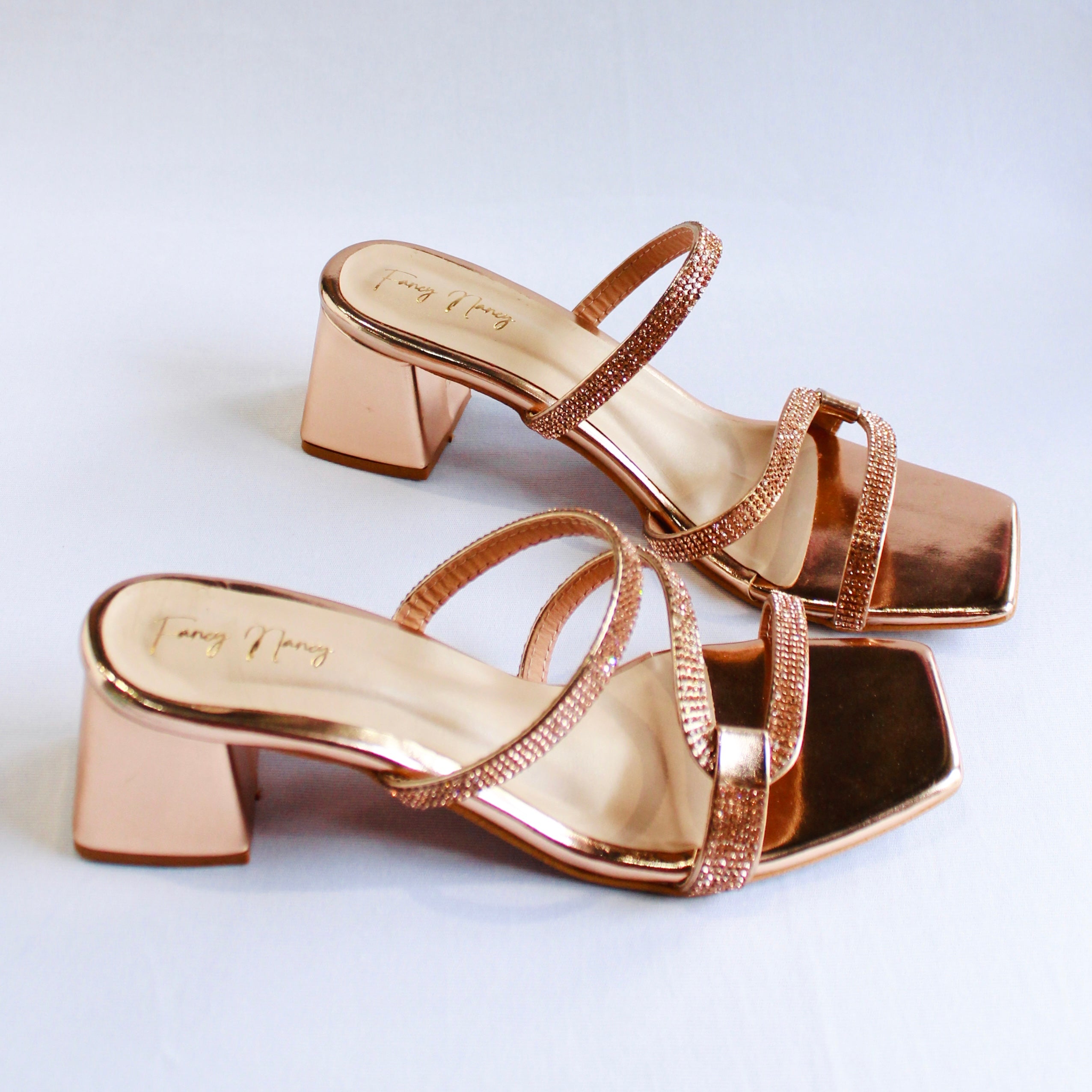 Shimmer Strap Mules - Rose Gold