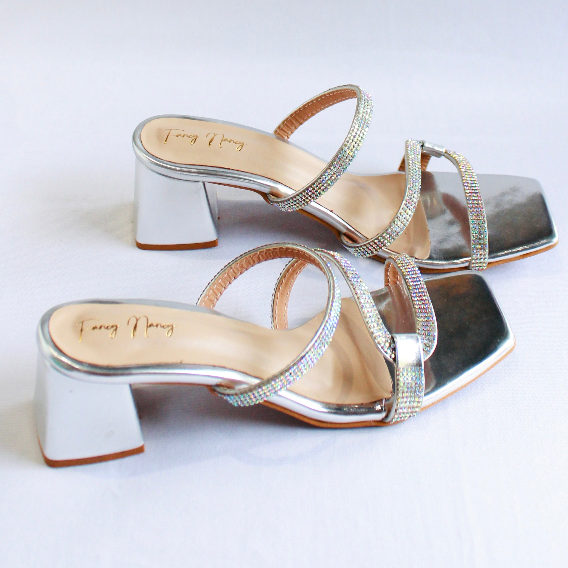 Shimmer Strap Mules - Silver