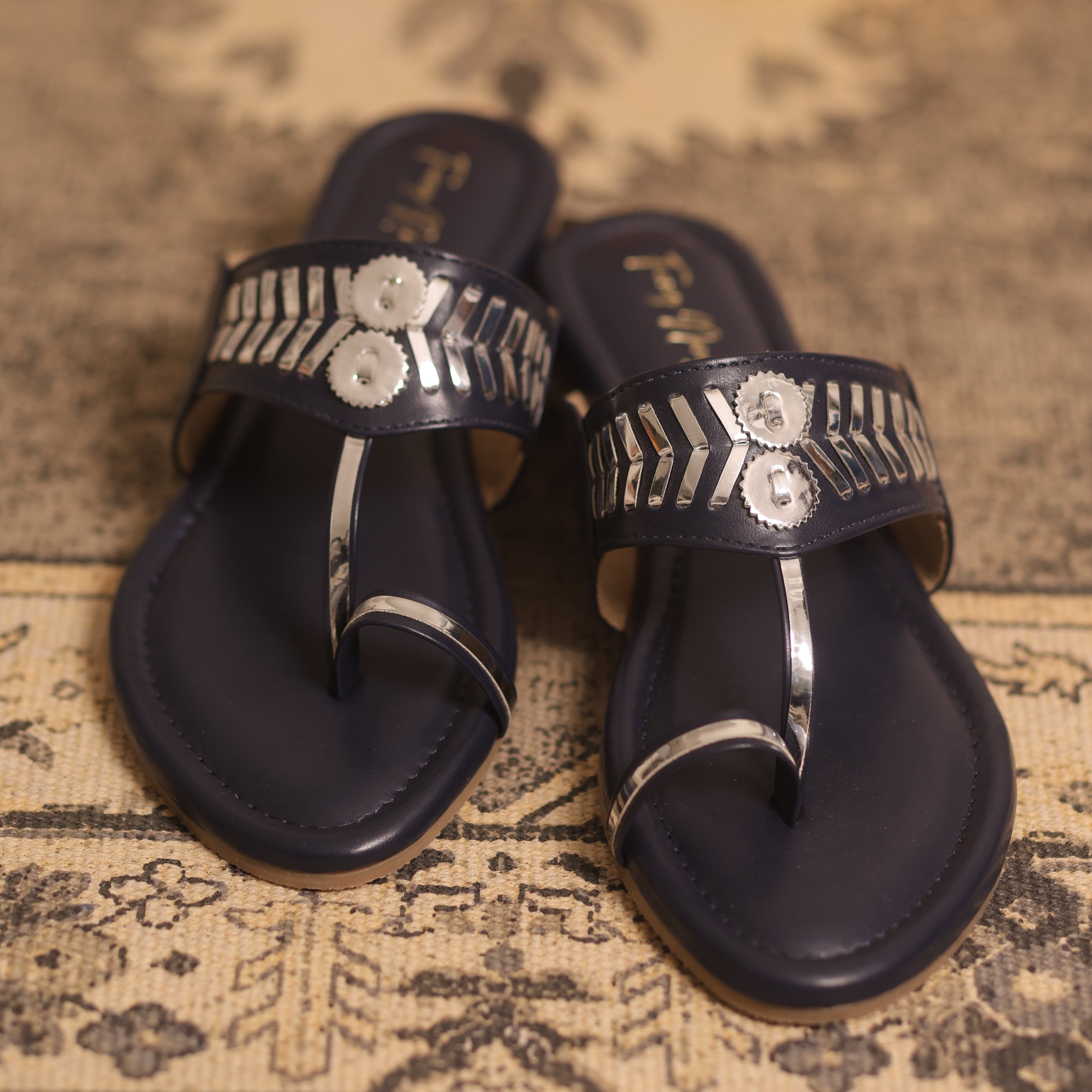 Designer Kolhapuri Flats - Navy Blue