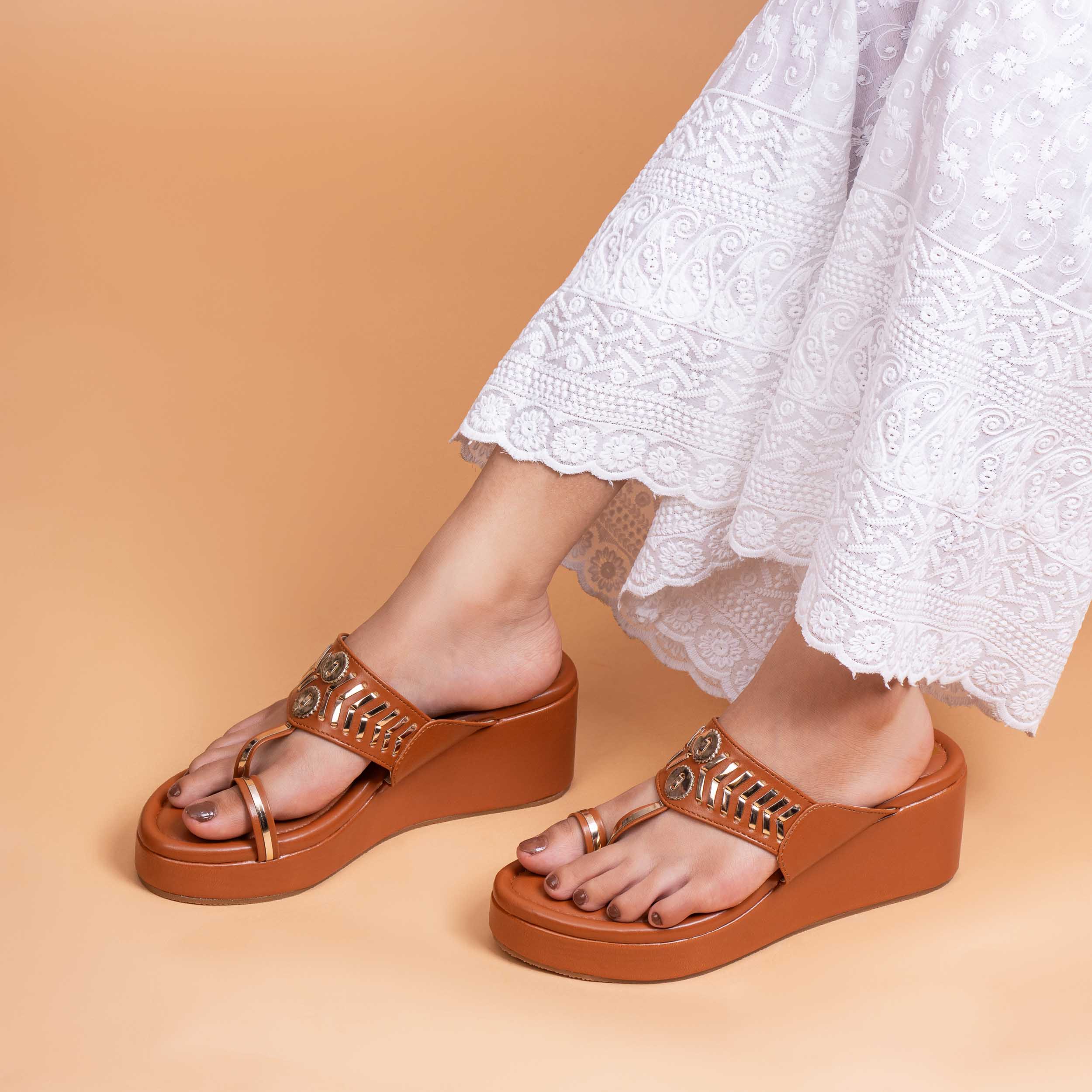 Designer Kolhapuri Platforms - Tan