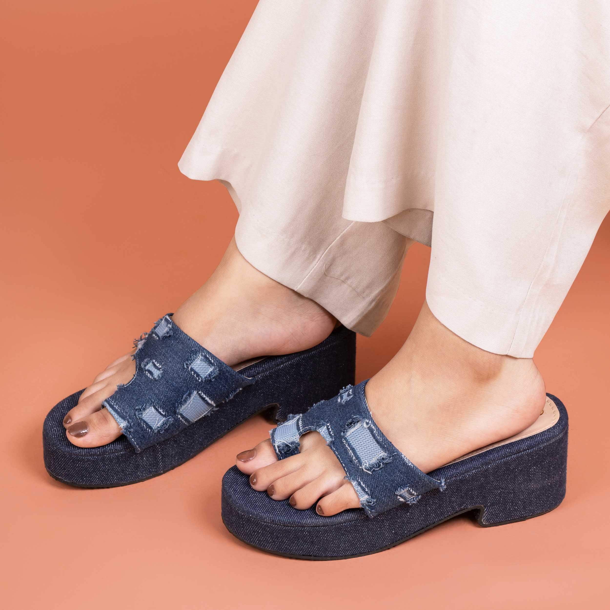 Ripped Denim Platforms - Navy