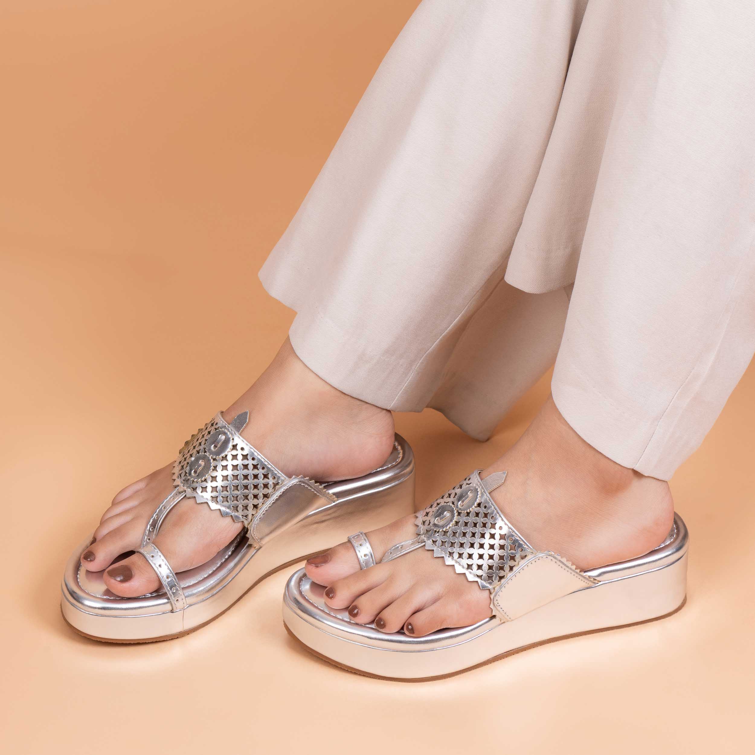 Traditional Jharokha Kolhapuri Platforms - Silver