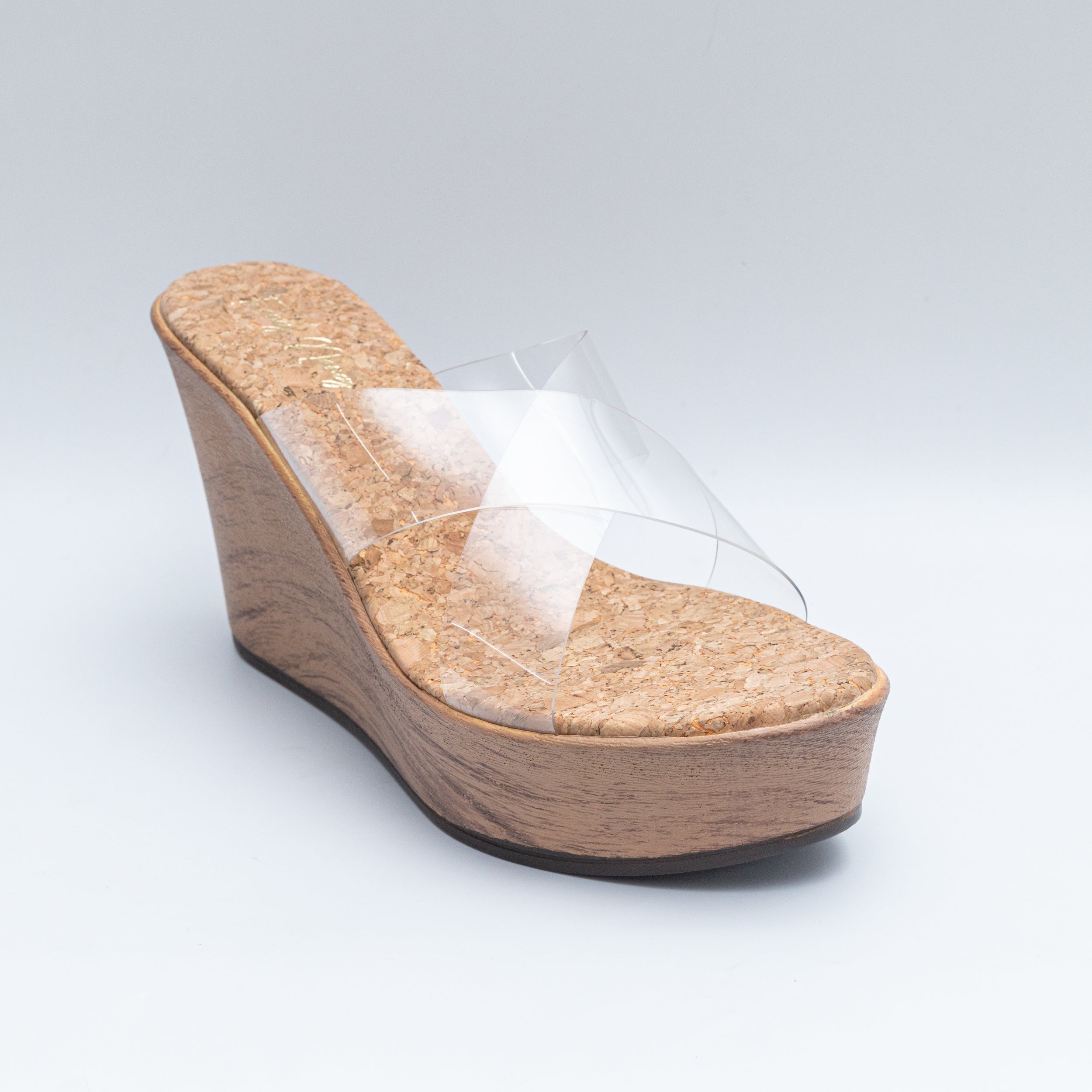 Cross Strap Cork Wedges - Nude