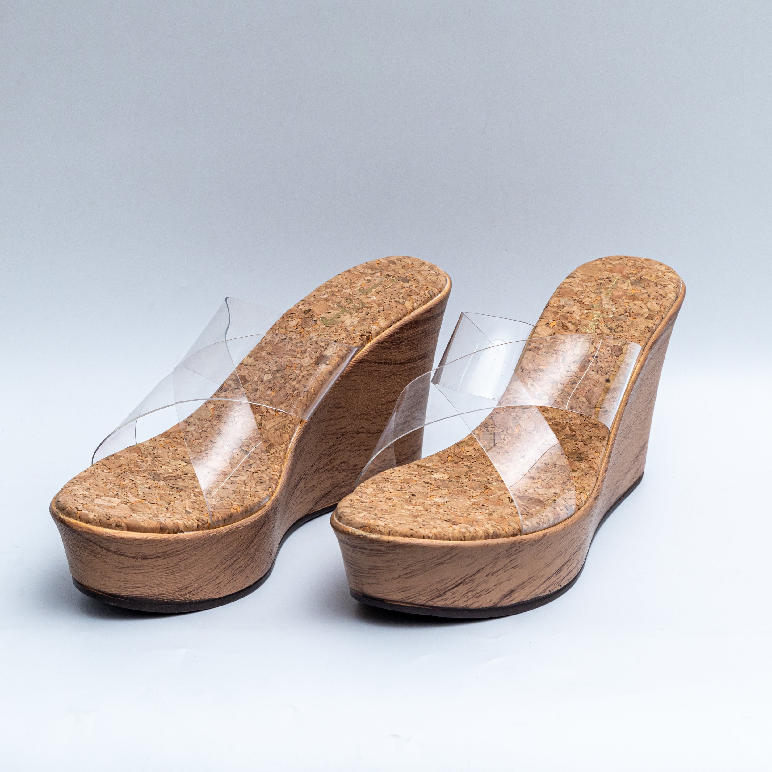 Cross Strap Cork Wedges - Nude