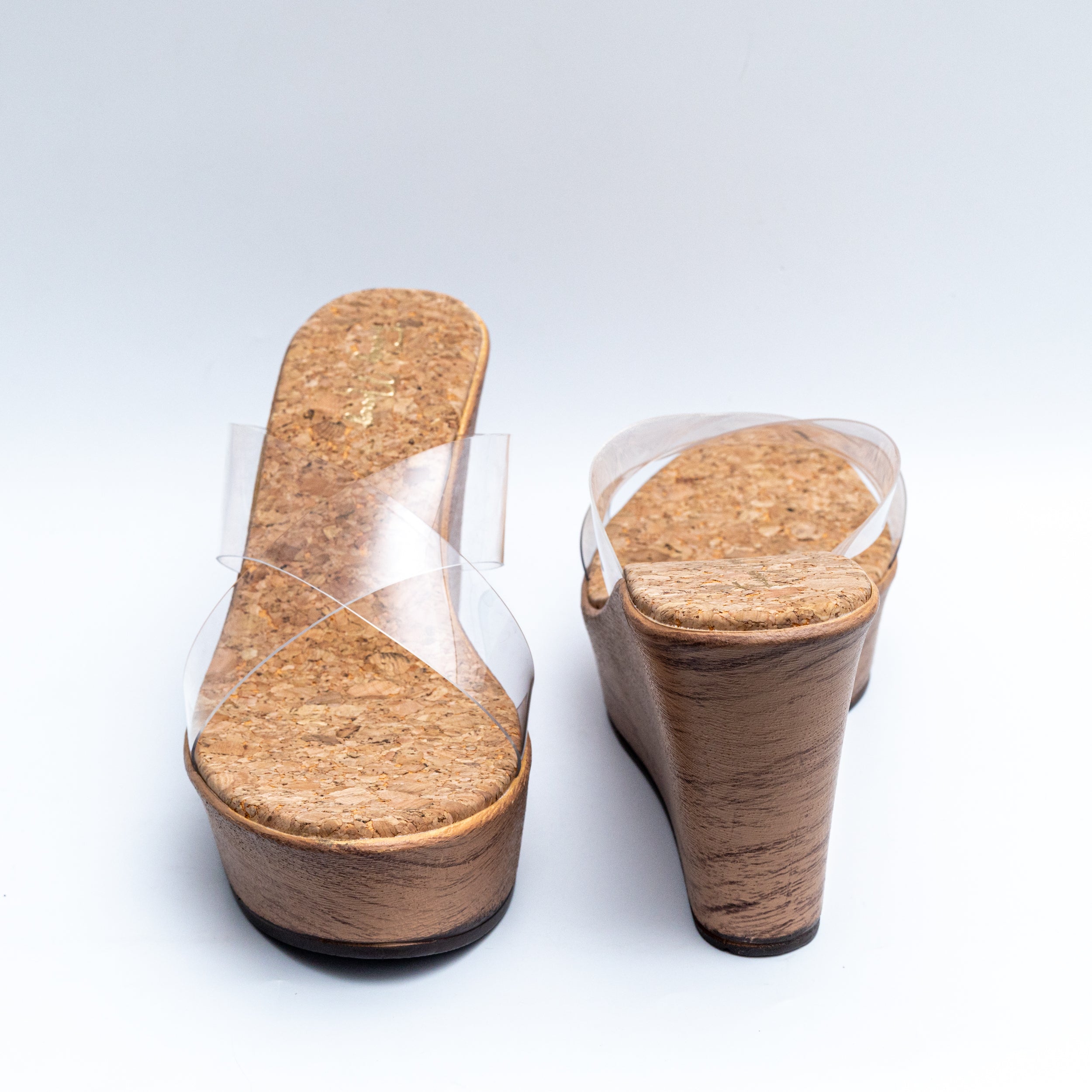 Cross Strap Cork Wedges - Nude