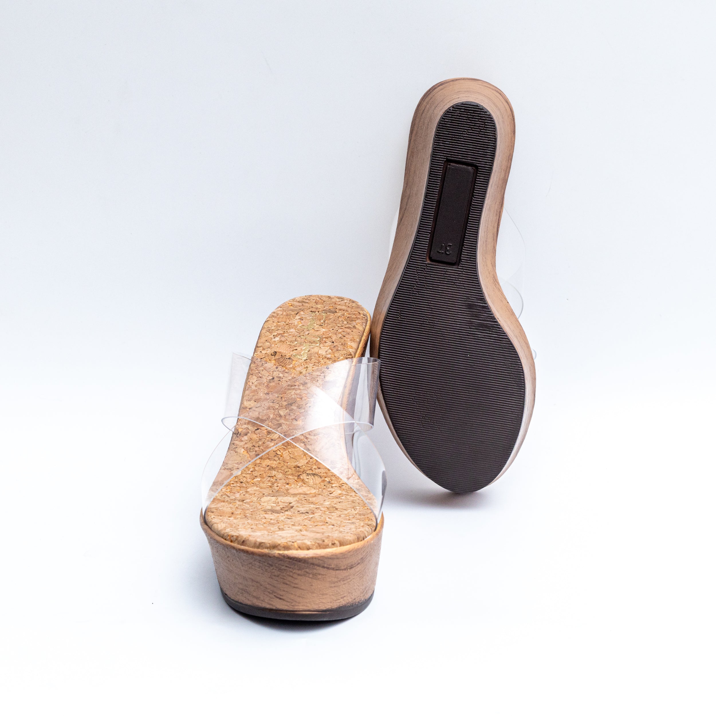 Cross Strap Cork Wedges - Nude