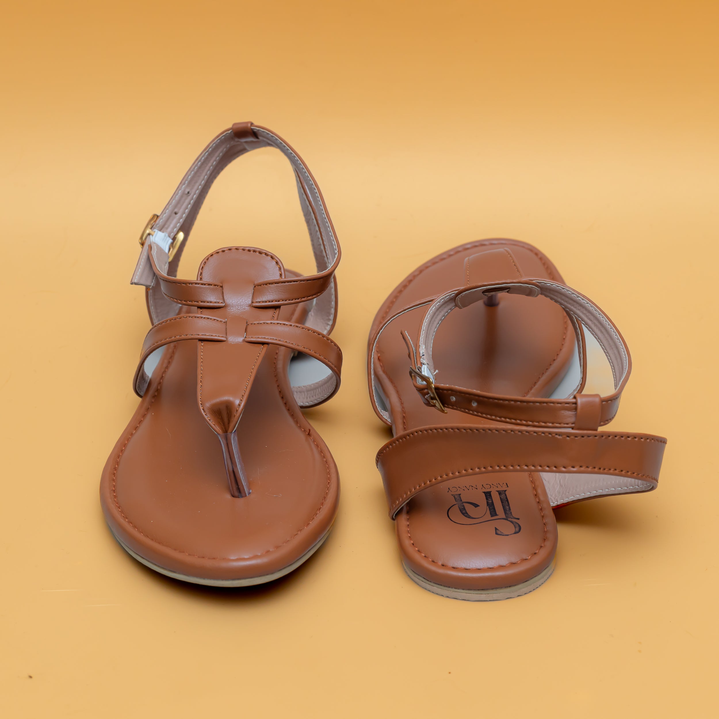 T Strap Buckle Flats-Tan