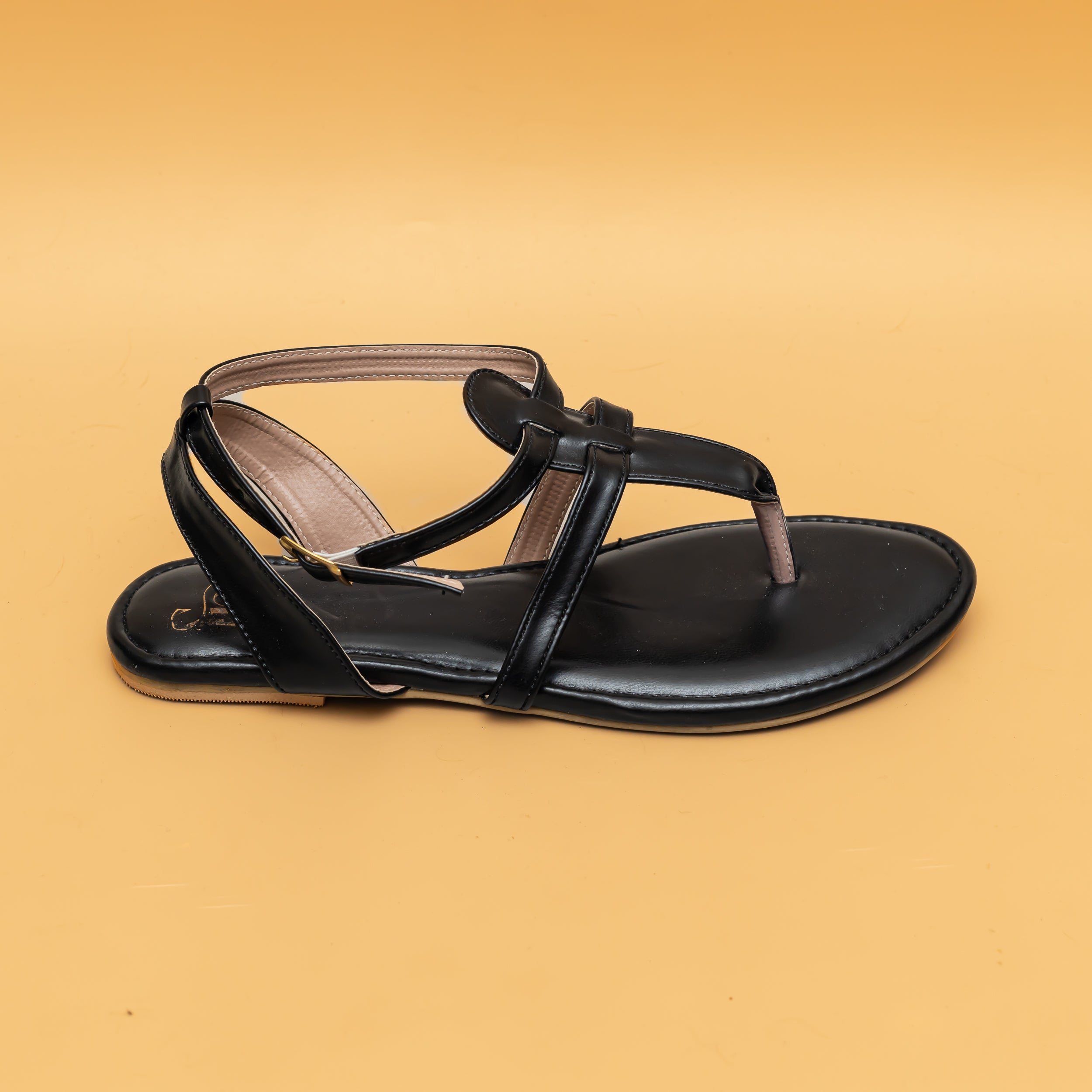 T Strap Buckle Flats-Black