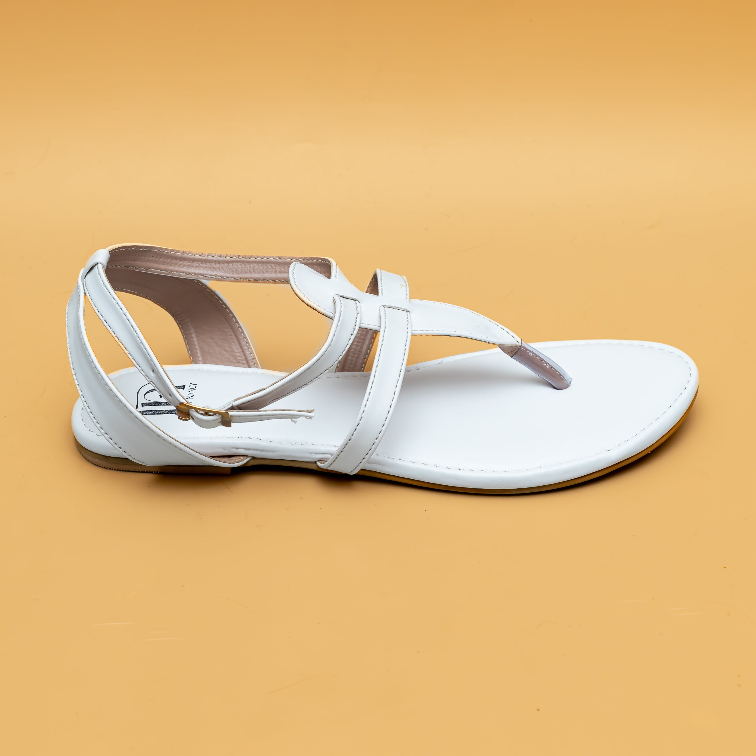 T Strap Buckle Flats-White