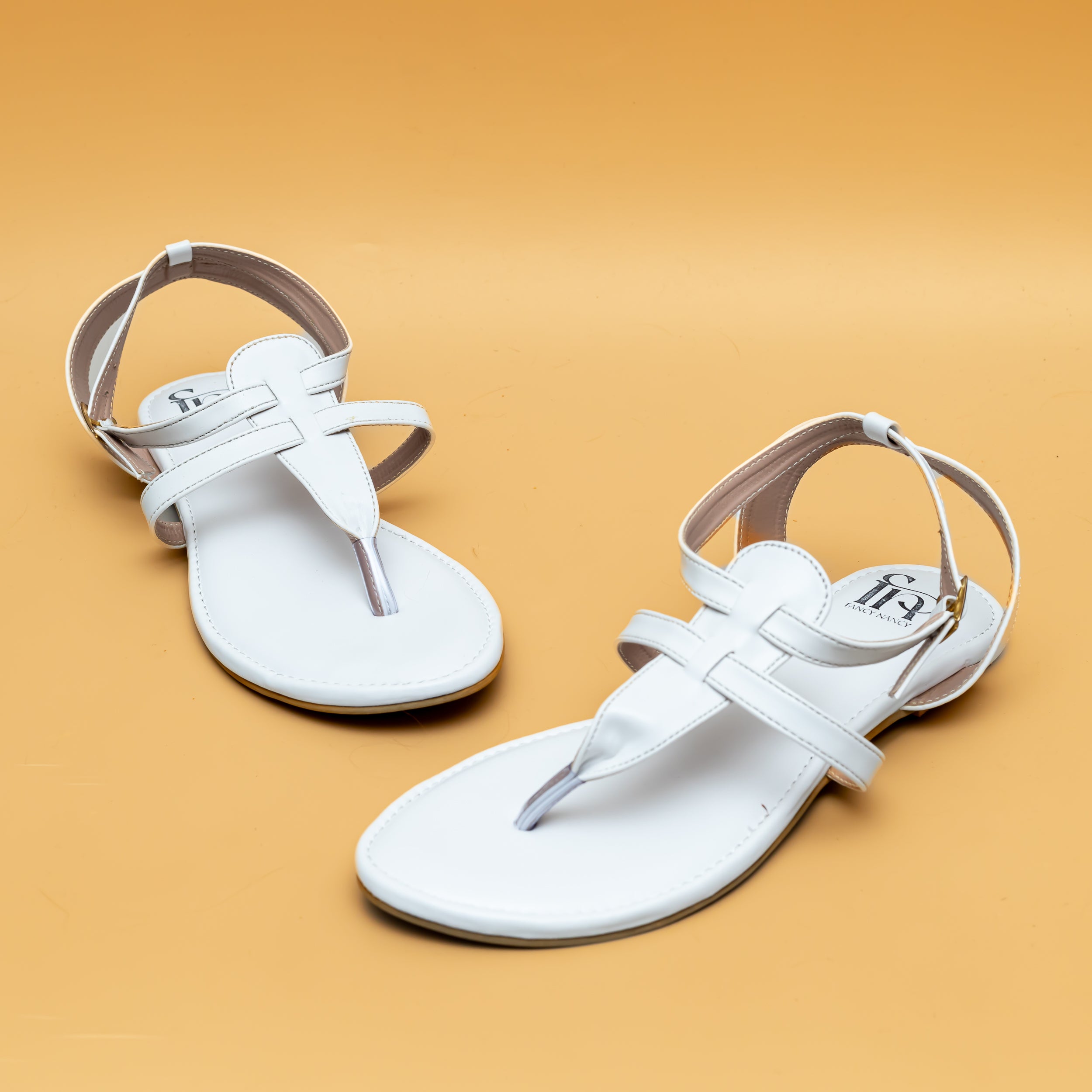 T Strap Buckle Flats-White