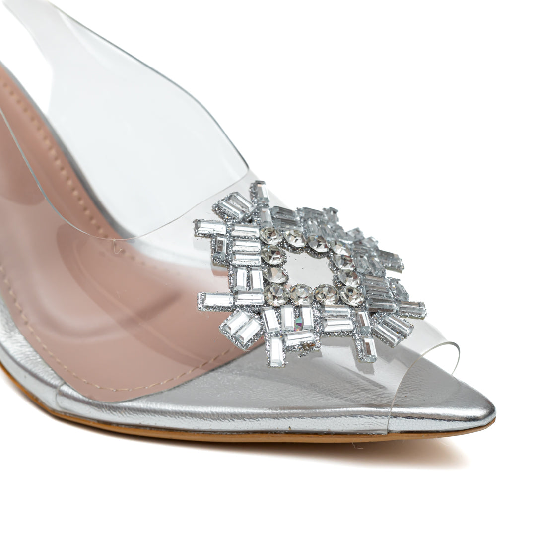 Rhinestone Diamond Broach Heels - Silver